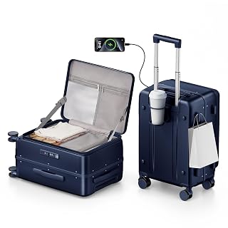 20 Inch Carry On Luggage with Cup Holder and USB Port, Top Opening Hard Shell Suitcase with TSA Lock, Spinner Wheels, Airline Approved Lightweight, Woman Men Gifts-Navy Blue - Amazon product rated Grade A