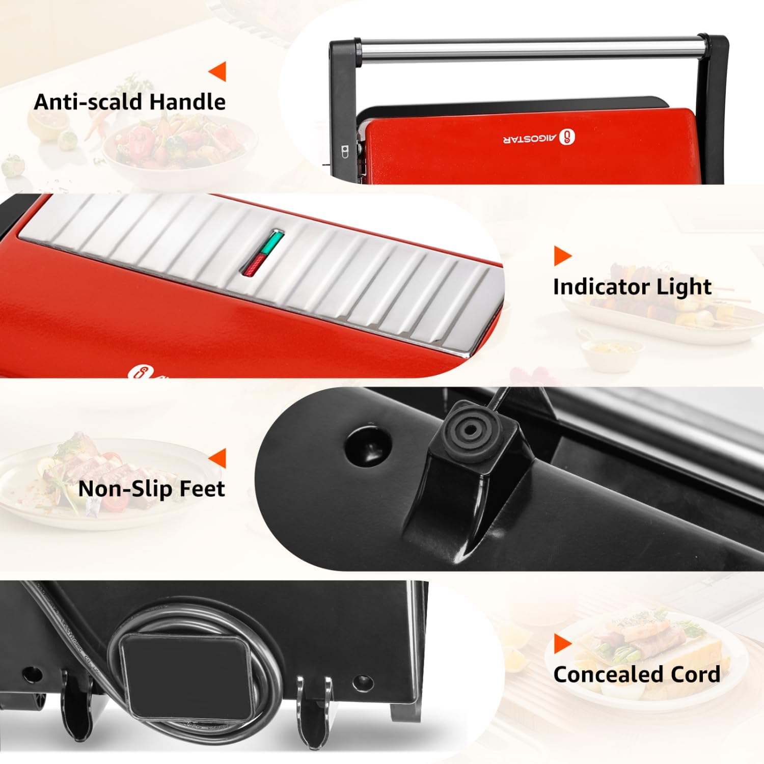 Aigostar Panini Press Grill, Aigostar 1000W Sandwich Maker with Ceramic Non-stick Plates, Opens 180 Degrees for Any Size Food