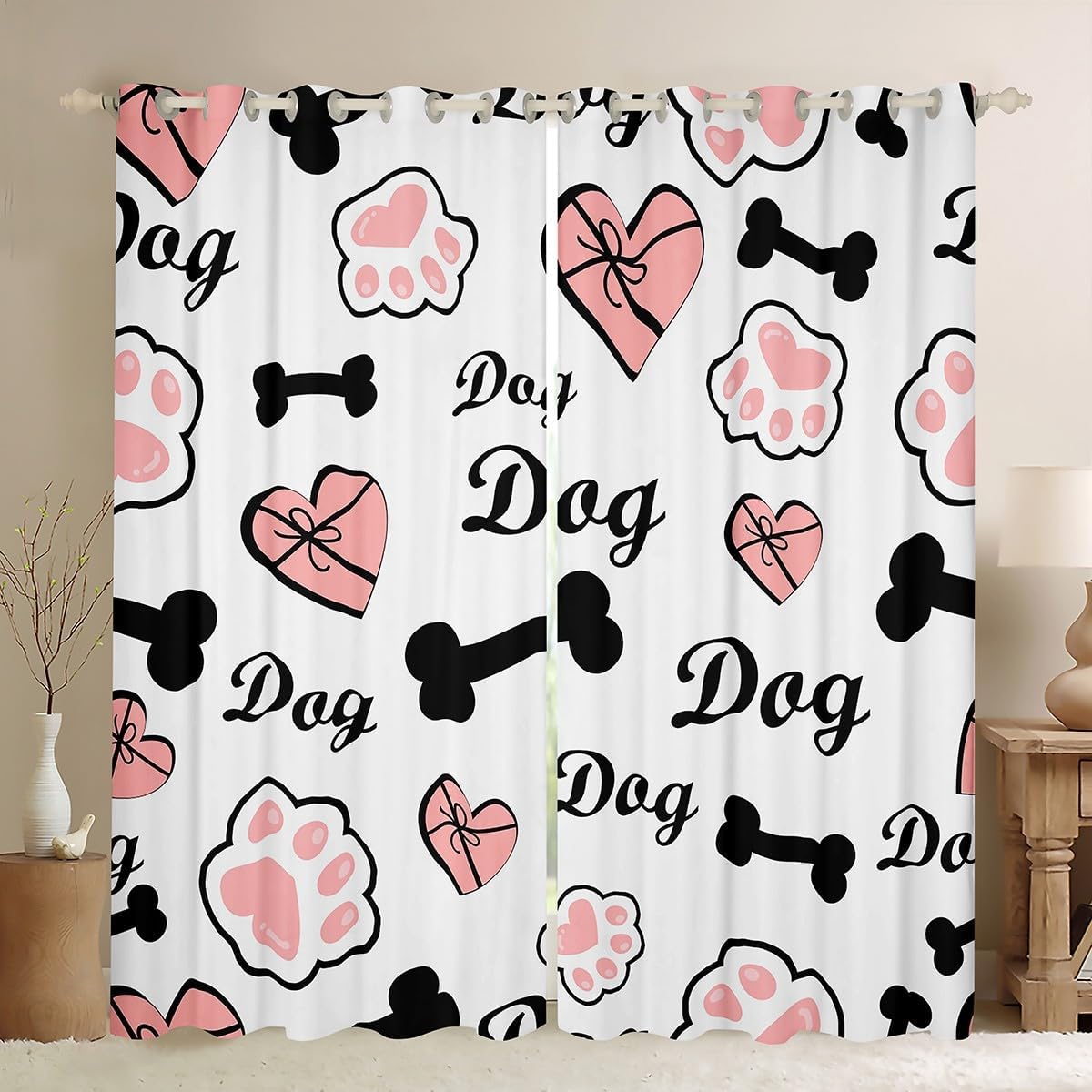 Manfei Cute Dog Paw Print Window Curtain Set of 2 Panels,Colorful Rainbow Grid Geometric Curtains,Puppy Kawaii Cartoon Window Drapes for Kids Boys Room Decor,52Wx63L Inches