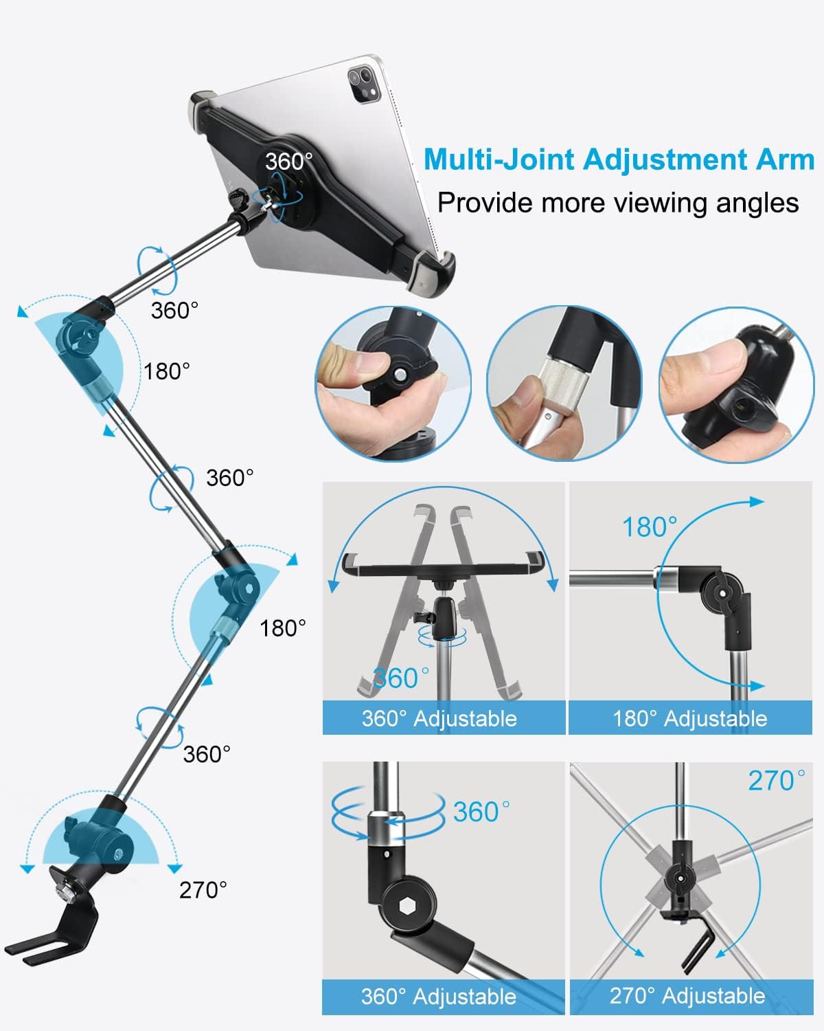 woleyi Car Truck Seat Rail Large Tablet Mount, Car Floor Bolt Tablet Holder Stand with 360° Rotation Foldable Arm for iPad Pro 12.9/Air, Galaxy Tabs, Surface Pro/Go, Kindle Fire and 9.5-14.5" Tablets
