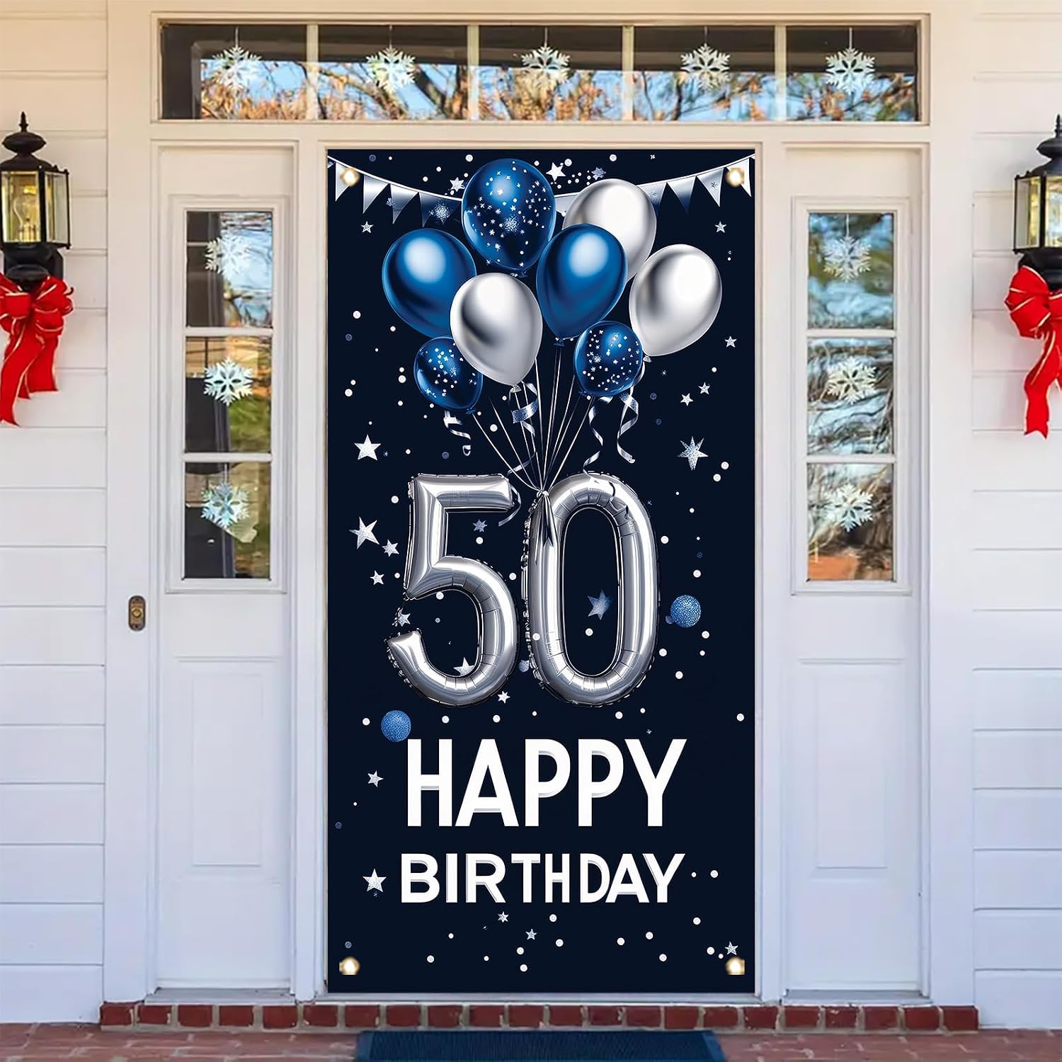 50th Birthday Door Cover Decoration 71 x 35 Inch Large Blue and Silver Balloon Banner for Fiftieth Birthday Party Supplies Happy 50 Years Old Photo Booth Backdrop Wall Decor for Men Women image 5