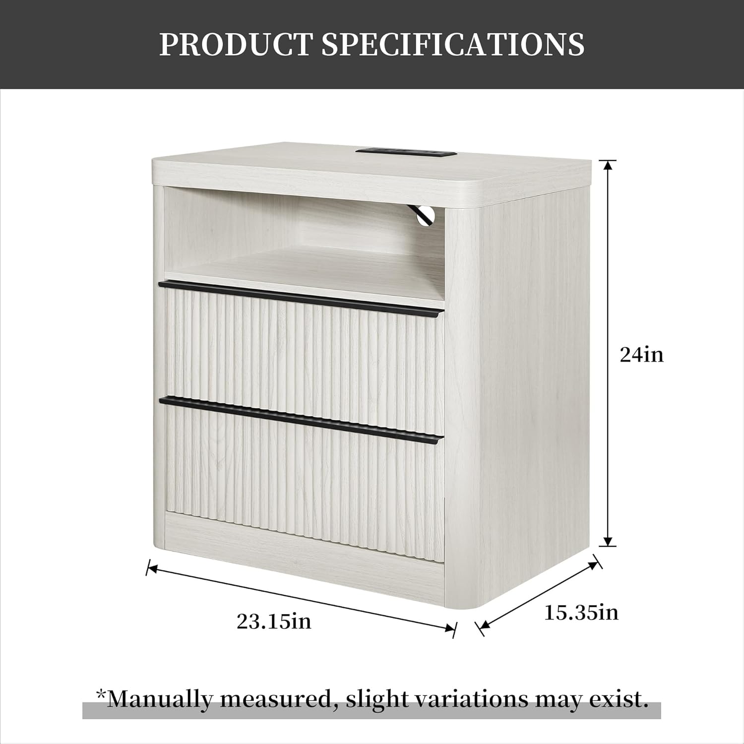 Mid Century Modern Nightstand Set of 2 with Charging Station,Curved Fluted Design Beside Table with USB/Type-C Ports,2 Drawers & Open Shelf, Wood Side Table for Bedroom,White Oak