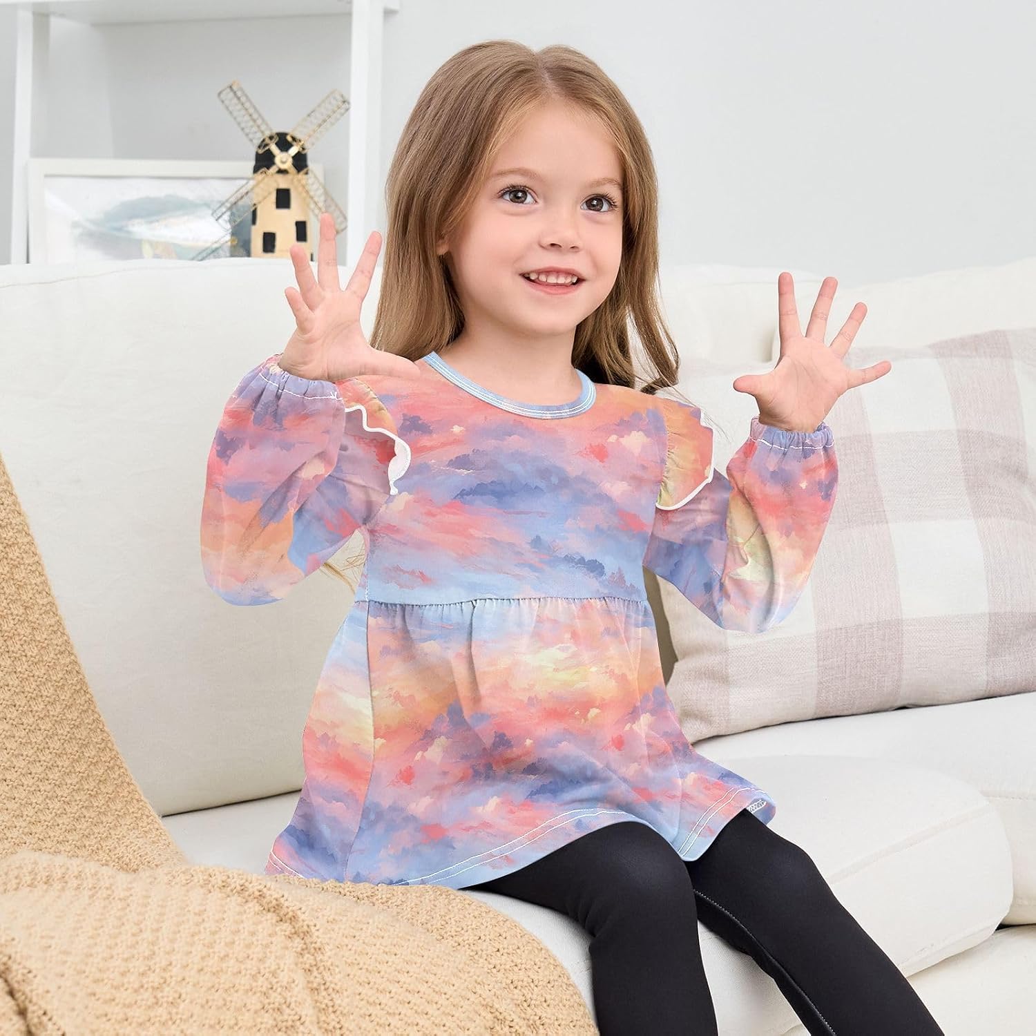 visesunny Toddler Clothes for Girls Abstract Powder Blue Sky Cloud Long Sleeve Fall Shirts Cotton Top with Ruffle Collar