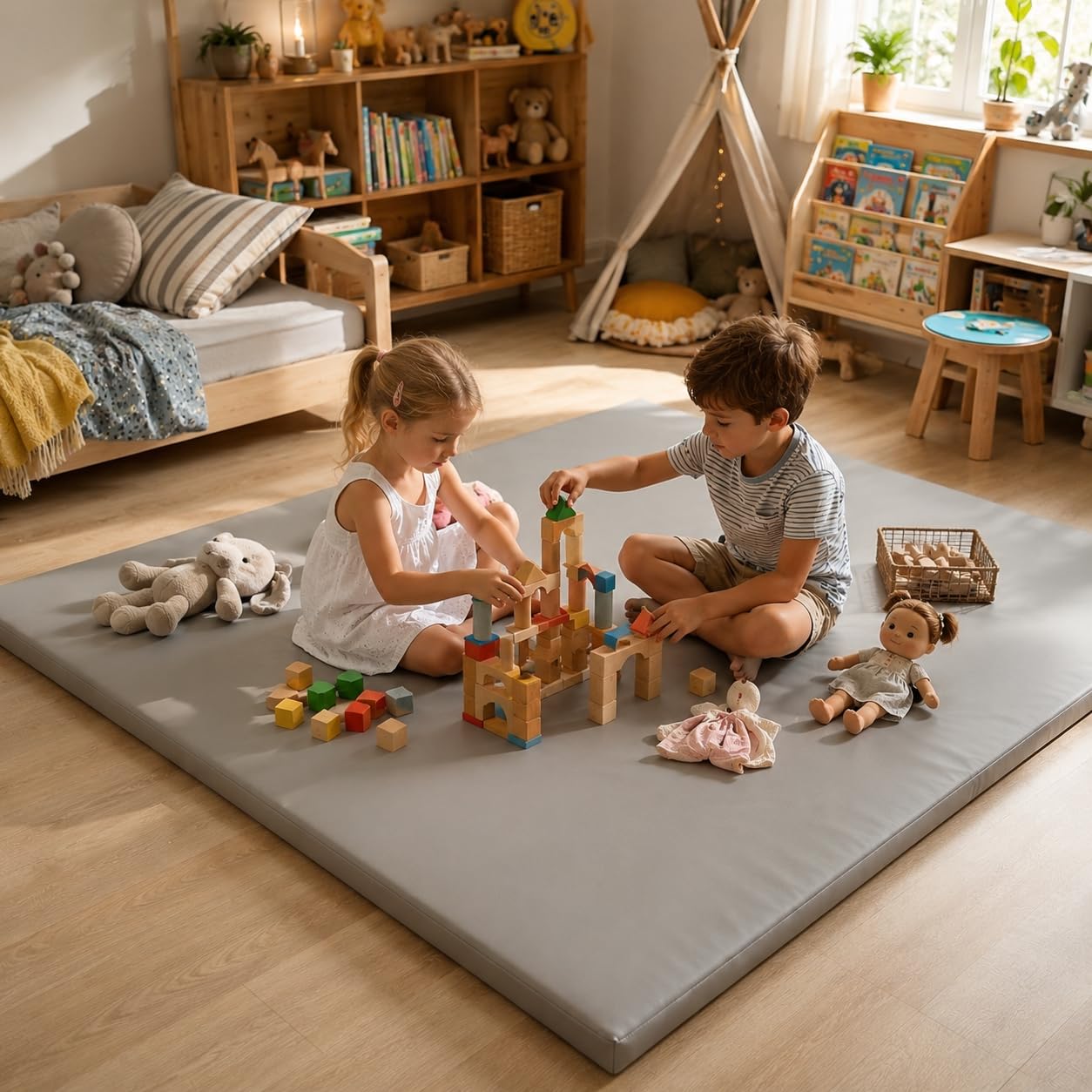 jxgzyy Tappetino per gattonare per bambini, double face, 150 x 150 x 3 cm, in pelle PU impermeabile e morbido peluche corto, con spesso nucleo in memory foam, grigio