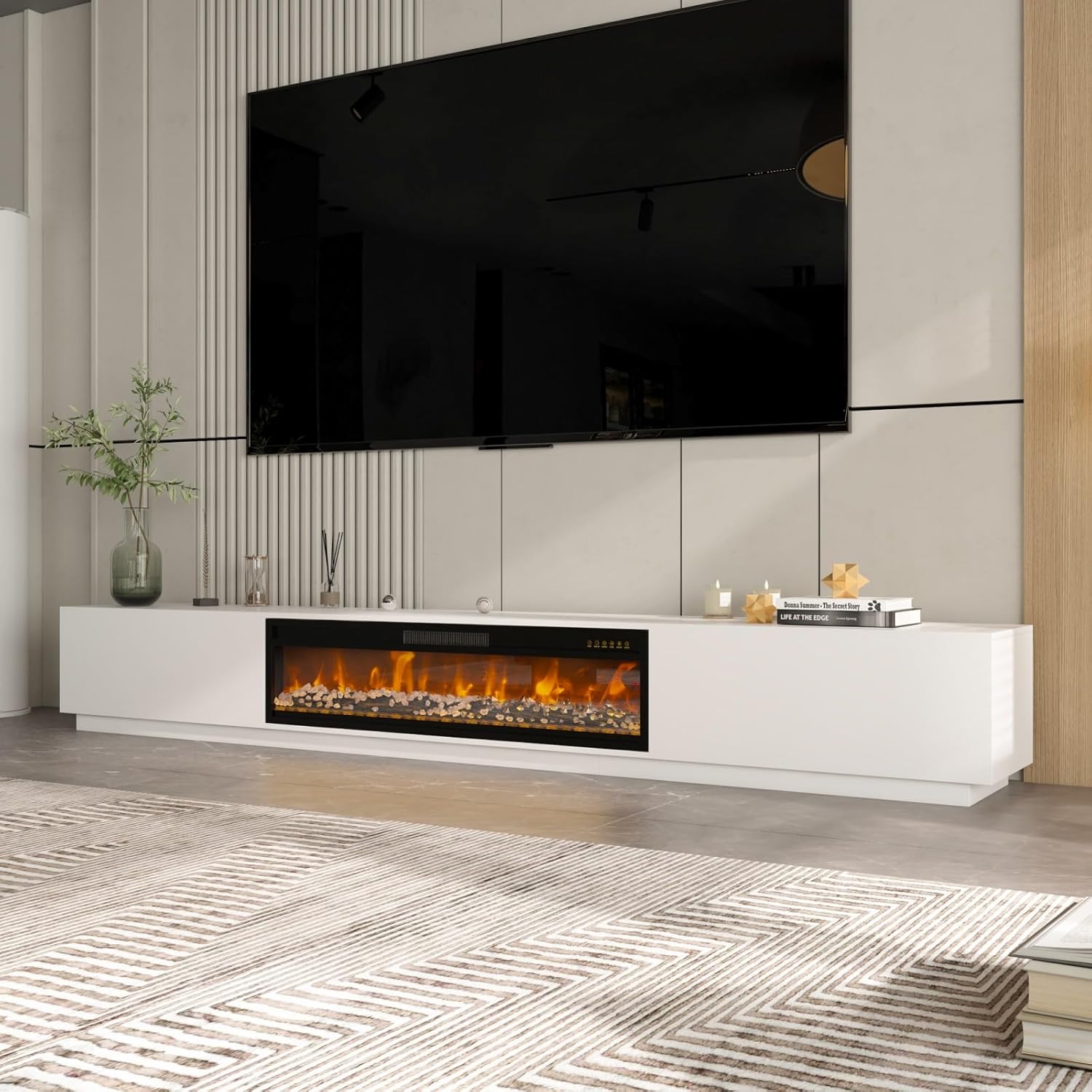 FUFU&GAGA 109.4” Fireplace TV Stand with 46” Electric Fireplace, 12 LED Lights, TV Media Console Table, LED Entertainment Center for Living Room, Matte White, 109.4”W x 15.7”D x 14.9”H