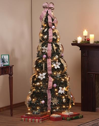 Miniatura 3 de Árbol de Navidad de estilo victoriano de 6 pies, dorado y rosa rubor, preiluminado y totalmente decorado, se pliega para un fácil almacenamiento