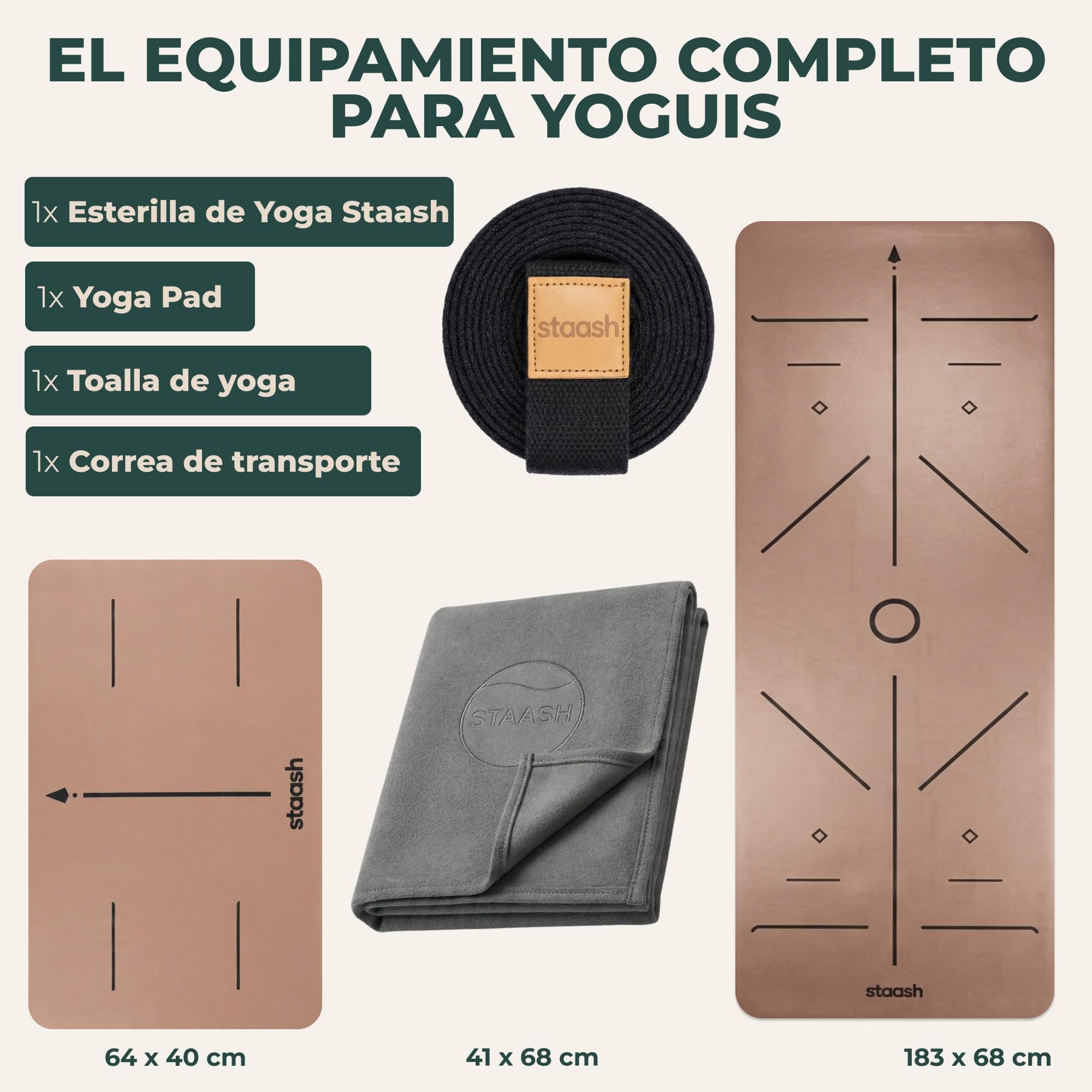 STAASH Set de yoga de alta calidad – Esterilla de yoga de poliuretano y caucho natural + toalla de microfibra + correa de yoga + almohadilla de mano – Ultra Grip, respetuoso con el medio ambiente y