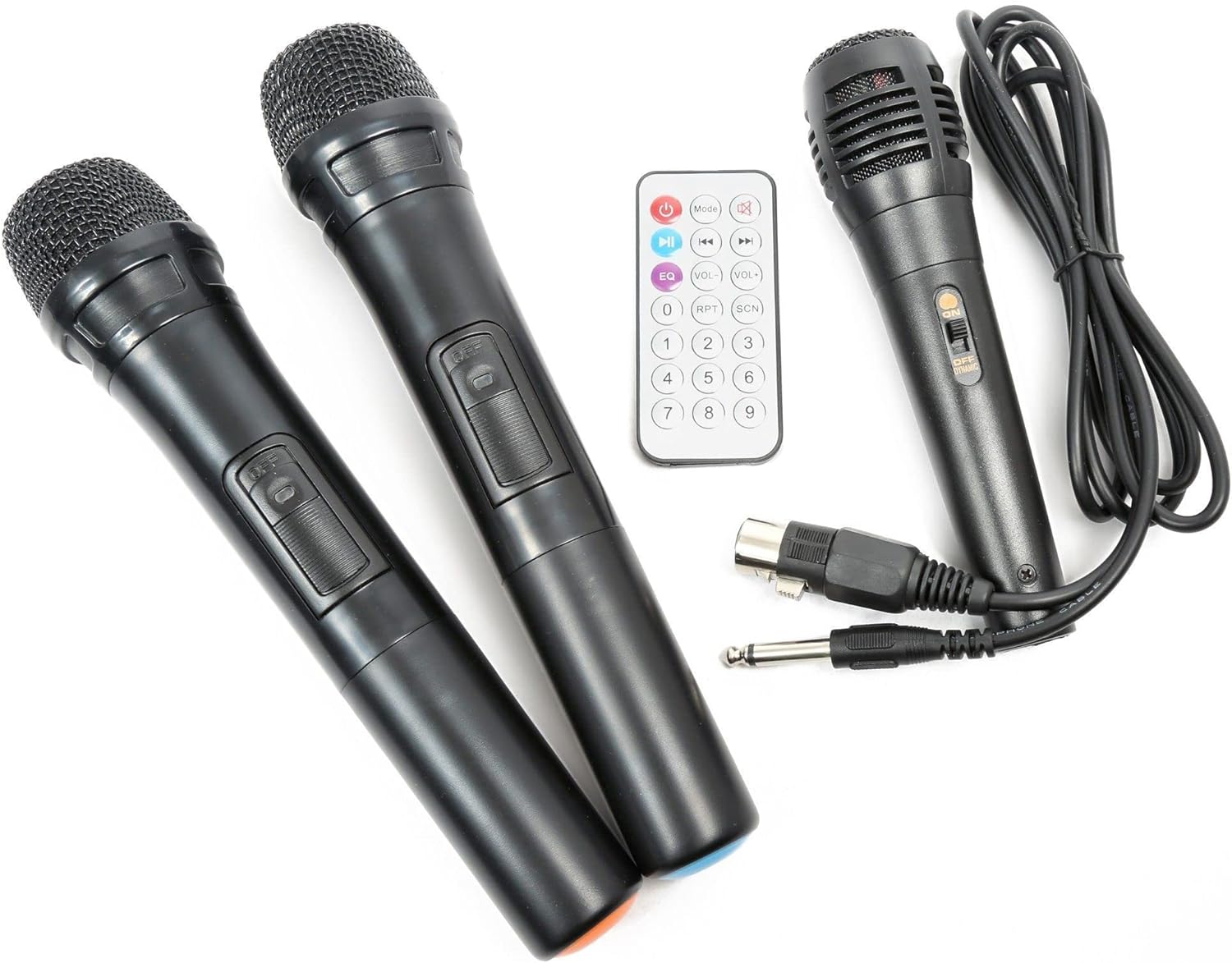 Two wireless microphones, one wired microphone, and a remote control