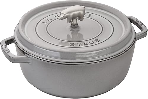 Staub Hierro fundido Cochon Cocotte redondo ancho poco profundo de 6 cuartos - Gris grafito, fabricado en Francia