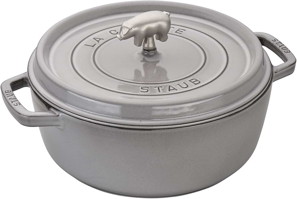STAUB Cast Iron 6-qt Cochon Shallow Wide Round Cocotte - Graphite Grey, Made in France