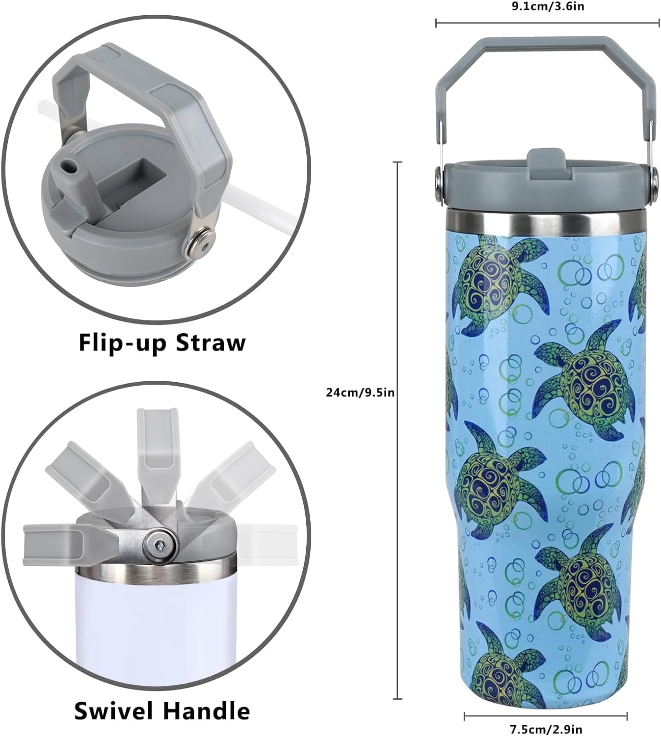 Sea Turtle Gifts for Women 30oz Tumbler with Handle Sea Turtle Cup Insulated Tumblers Tumblers with Flip Straw and Top Handle Stainless Steel 30oz Coffee Mug - Image 6