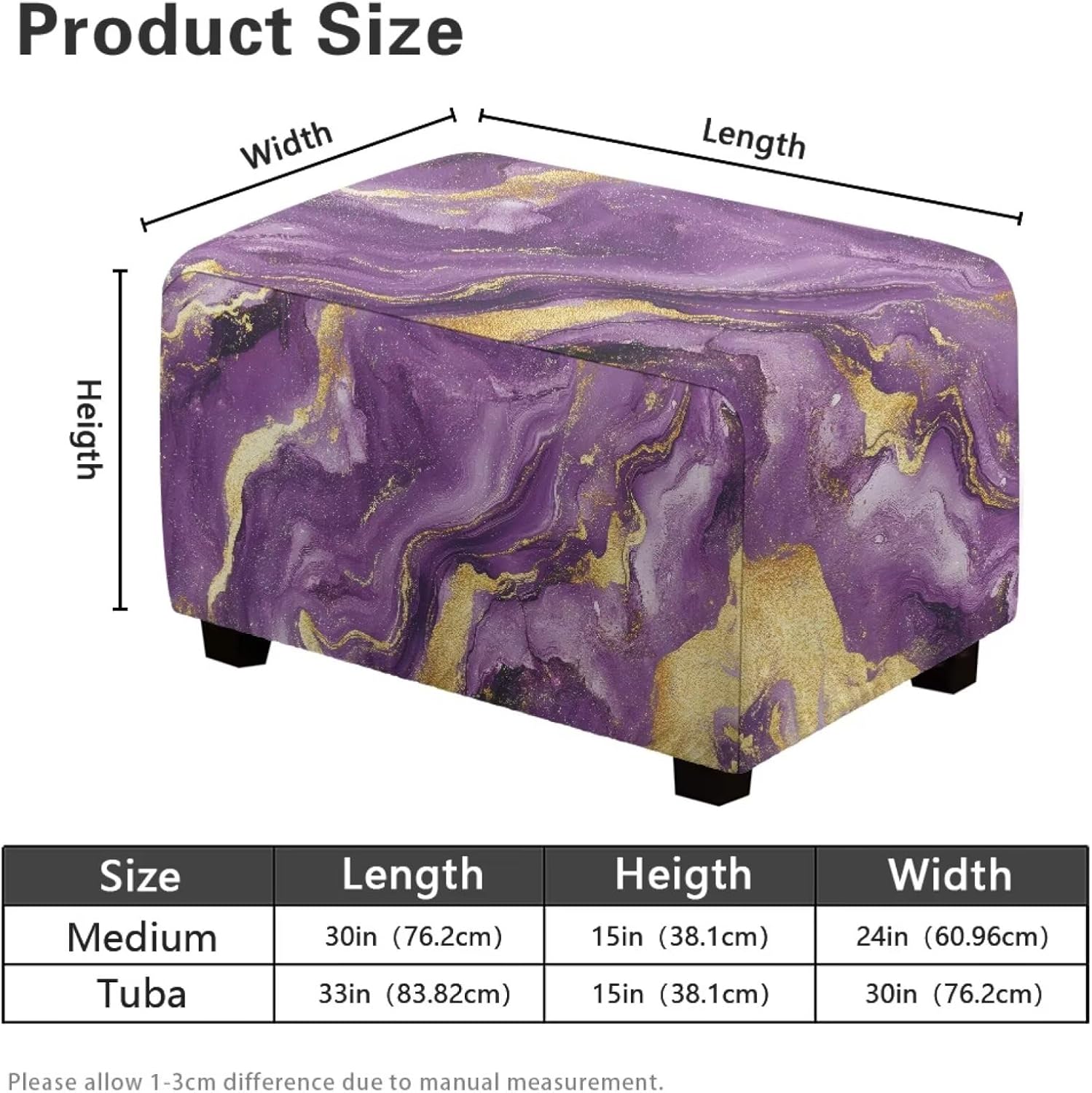 Purple Gold Marble Print Rectangle Ottoman Cover Folding Storage Footstool Protector Covers Comfortable Ottoman Chair Covers Home Decor Accessories-L