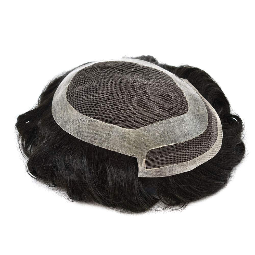 FACE MIRACLE Human Hair Mens Toupee French Lace Front Hairpiece Bleach Indian Remy Hair Replacement System Hand Tied Skin PU Men's Wigs 1B# (1B# Off Black-120% Medium Light to Medium Density, 6"*9")