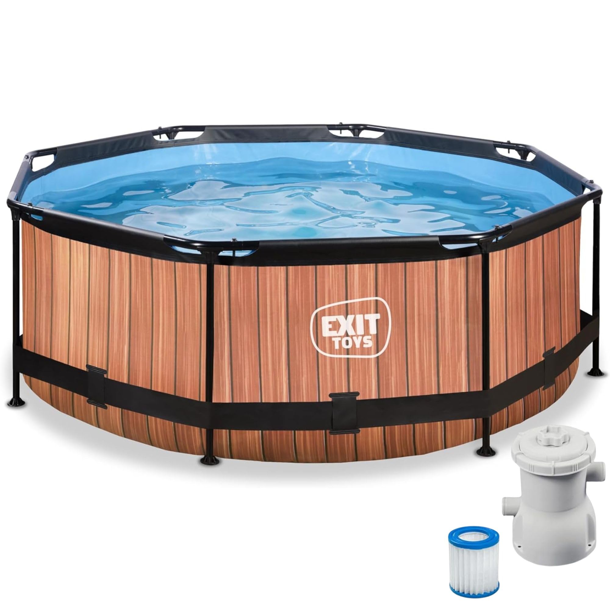 EXIT Toys Aufstellpool Rund 244x76 cm mit Filterpumpe – Gartenpool für Kinder Geeignet – Stahlrahmen – TÜV, CE, EN 16582 – Wood – Braun
