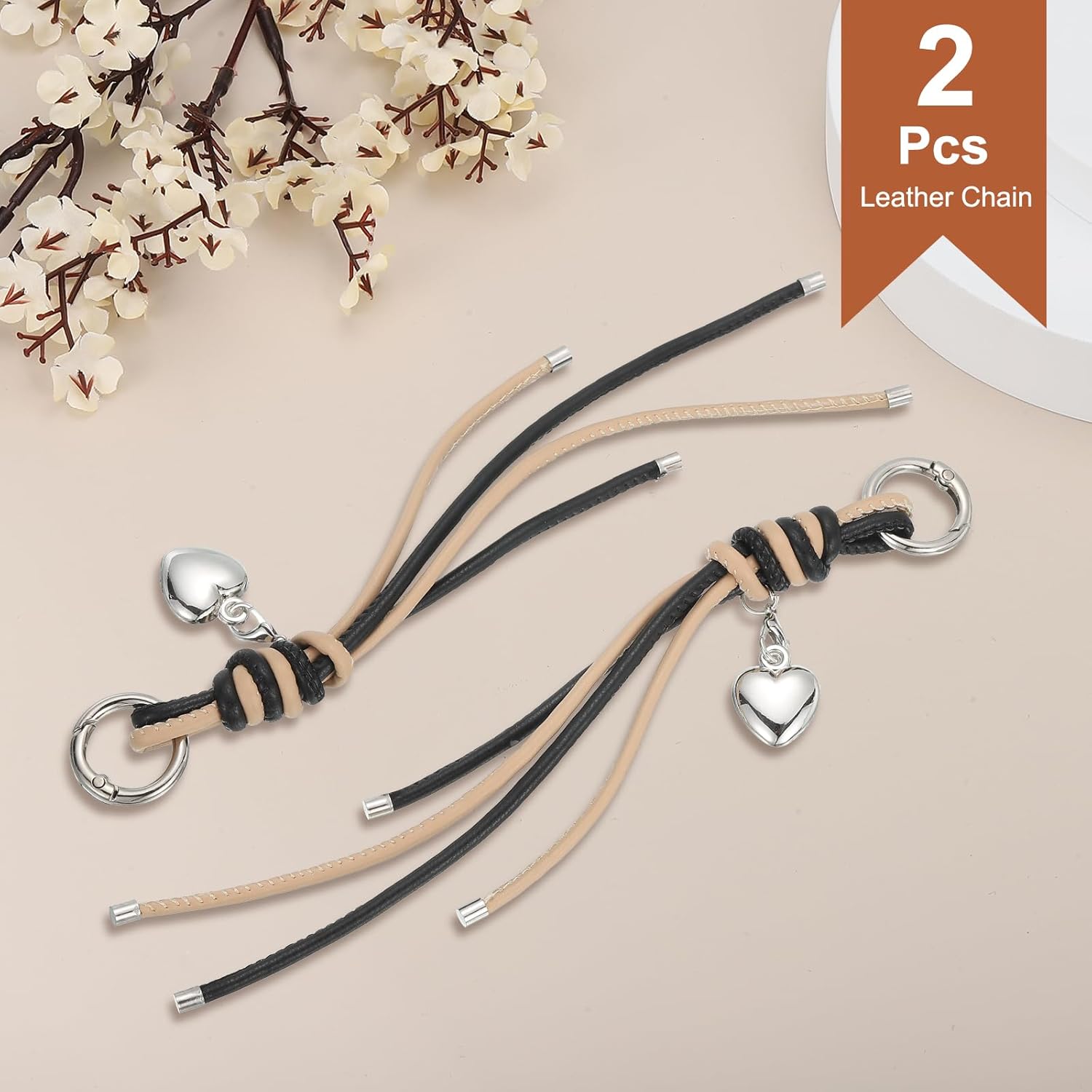 MECCANIXITY Braided Leather Rope Keychain Strap Bag Charm Car Key Open Chain Ring with Heart Charm & Braided Diamond Knot - Image 3