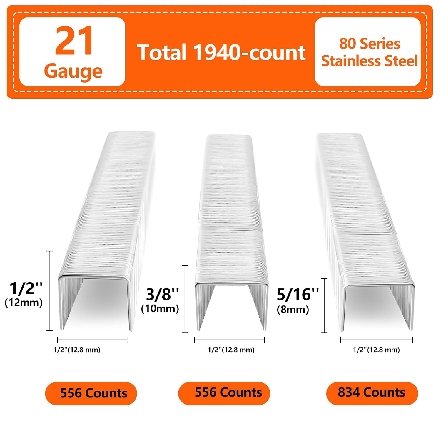 1/2" Crown 21 Gauge 304 Stainless Steel Staples 1940 Pcs 3 Sizes