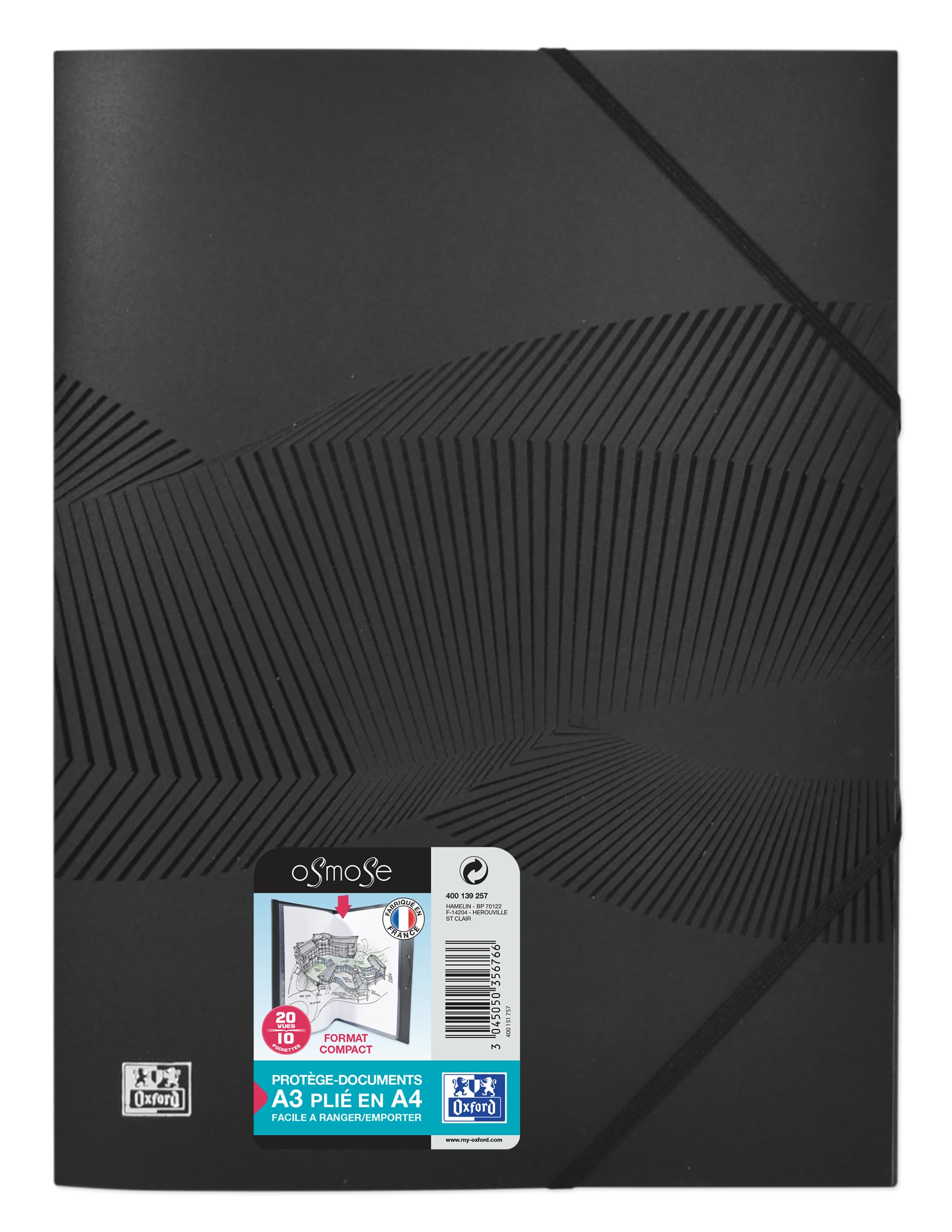 OXFORD Lot de 10 Protège-Documents Osmose A3 Plié en A4 20 vues / 10 pochettes Couverture Polypro Noir