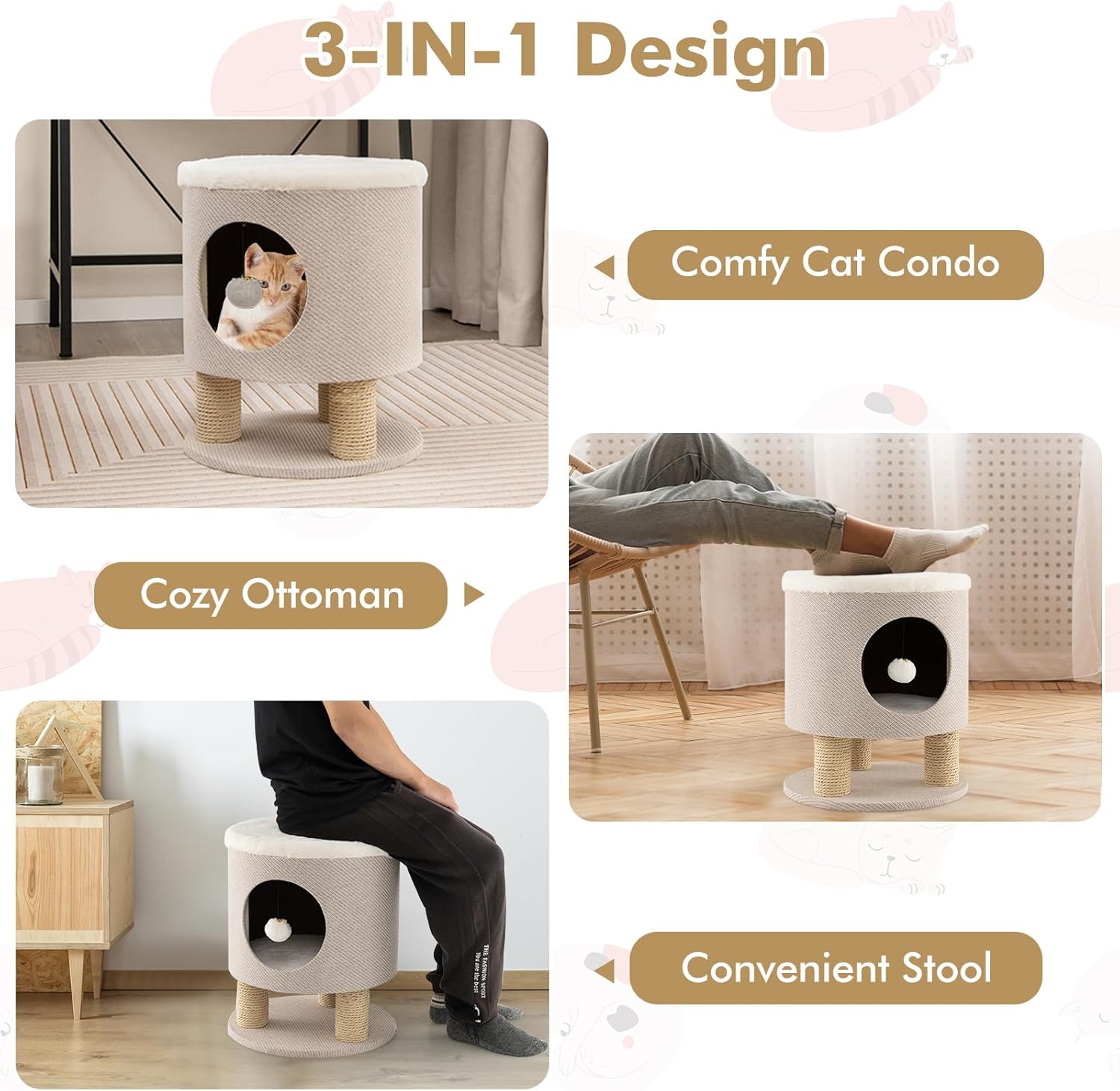 Tangkula Cat Condo Stool for Indoor Cats, Pet House Ottoman & Kitty Bed with Scratching Posts & Plush Ball Toy, 3-in-1 Modern Cat Condo Furniture for Small & Medium Cats (Beige)