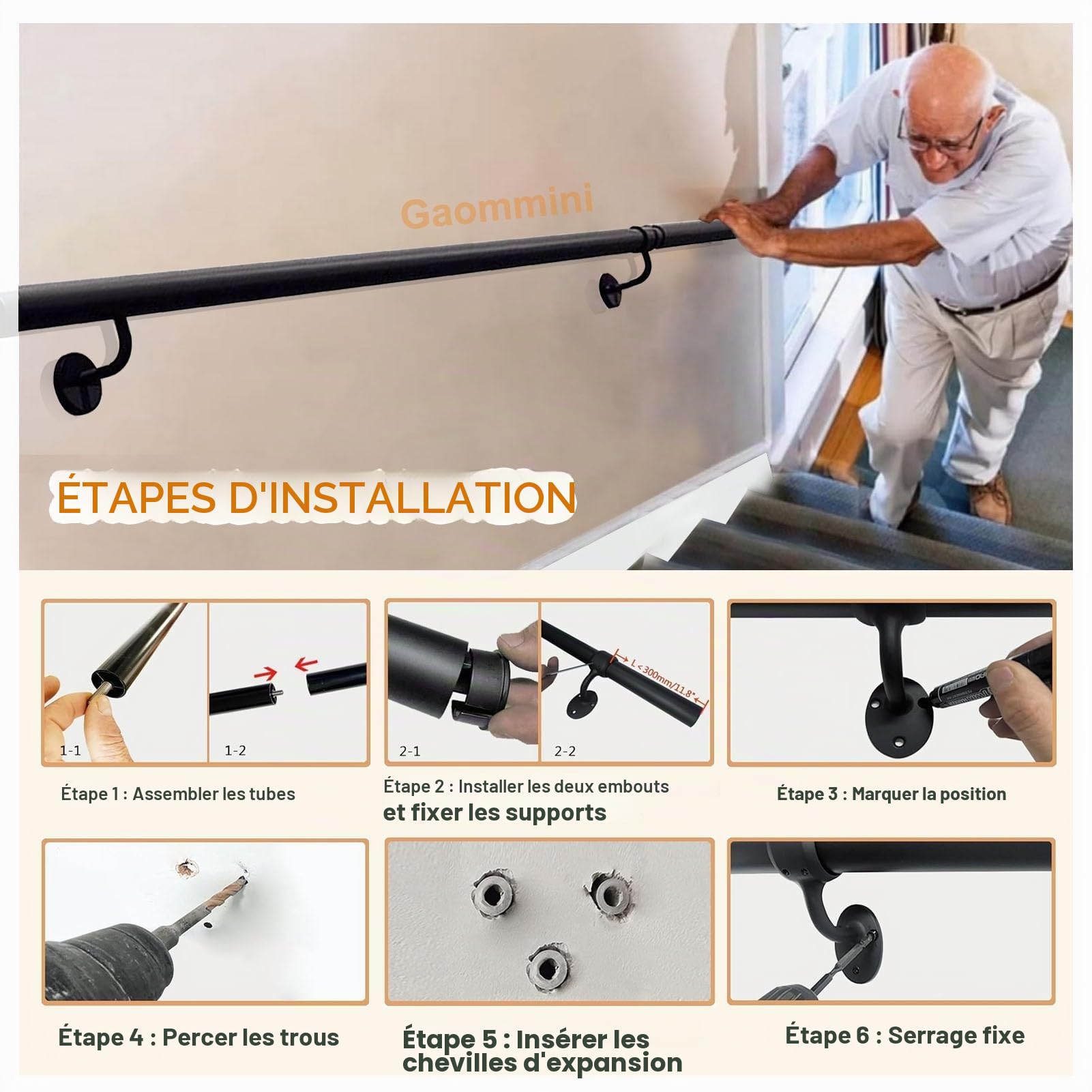 Main courante pour escaliers – 80cm, 1m, 120cm, 1,5m, 180cm, 2m, 240cm, 3m, rampe d'escalier pour la maison, la salle de bain, le couloir, les escaliers – Barre d'appui intérieure et extérieure(200cm)