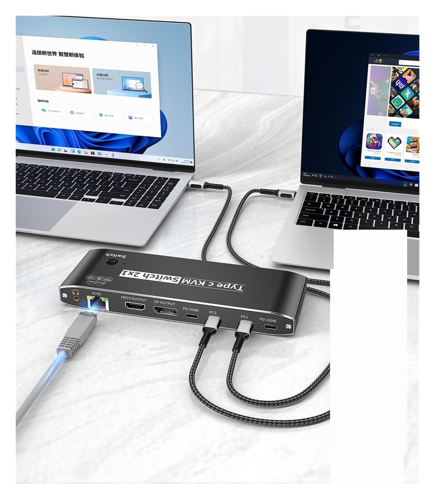 Commutateur KVM Commutateur KVM USB C vers HMI DP 3500W 8K, commutateur vidéo 4K120Hz avec Port réseau RJ45 PD 100W, Charge for 2 PC vers 1 Moniteur TV