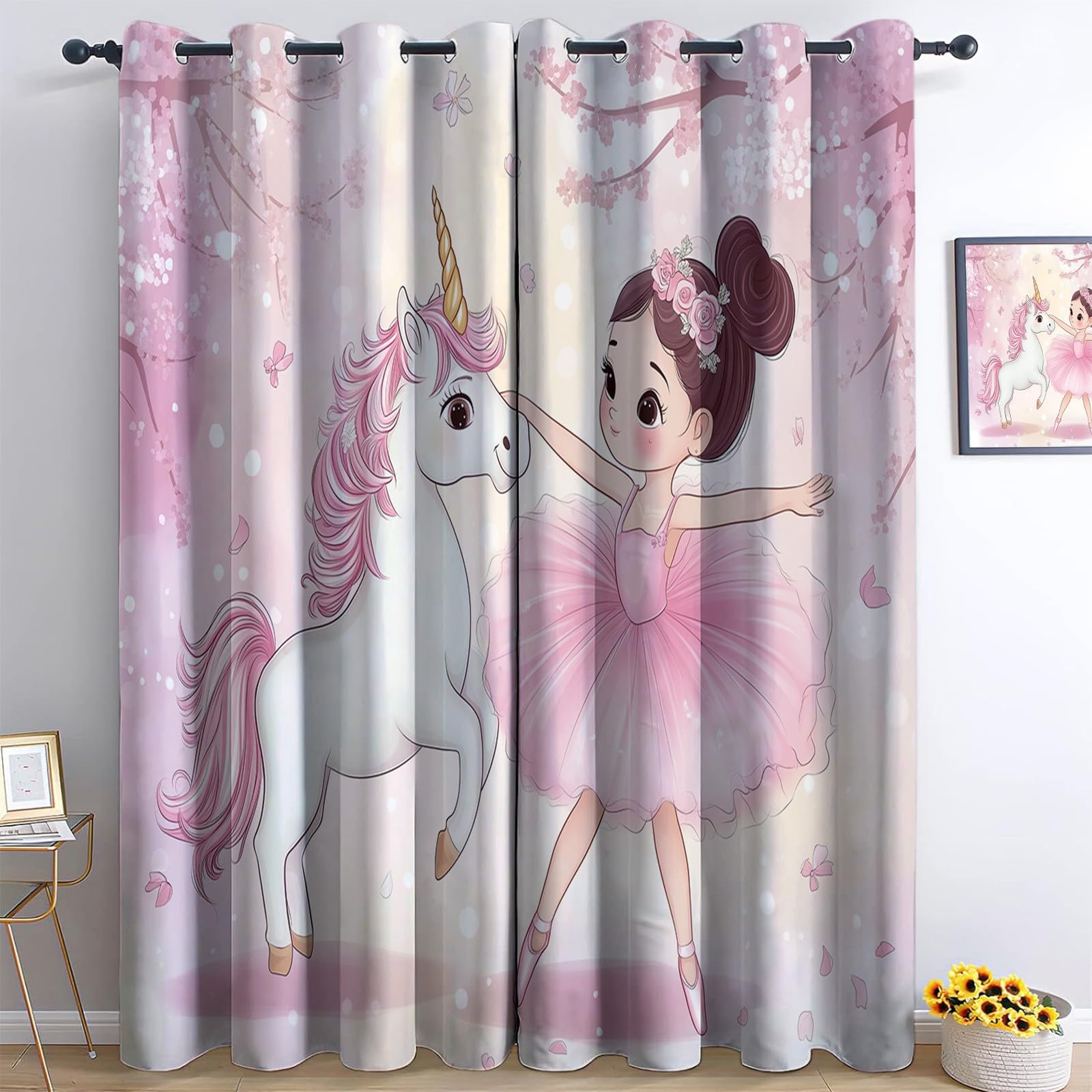 Générique Rideau Occultant Thermique Fille Ballerine De Dessin Animé avec Une Licorne L 140 X H 245 cm Rideau Occultant Opaque imprimés en 3D, Oeillets Lot de 2 Isolant Chambre Enfant