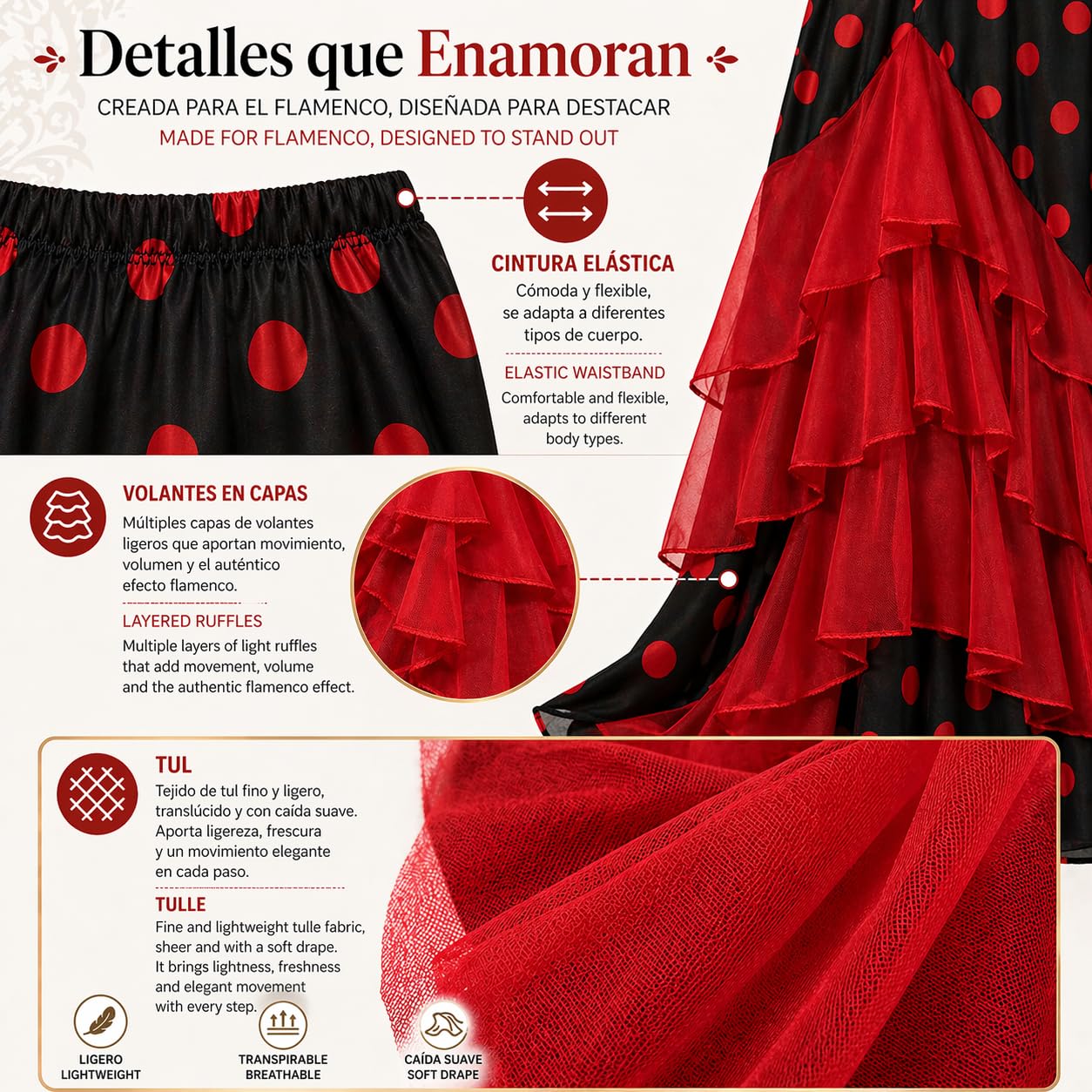 Carnavalife Falda Flamenca Baile sevillanas, Falda de Baile Flamenco, Volantes en Capas diseño asimétrico, Traje Feria, romería, espectáculo