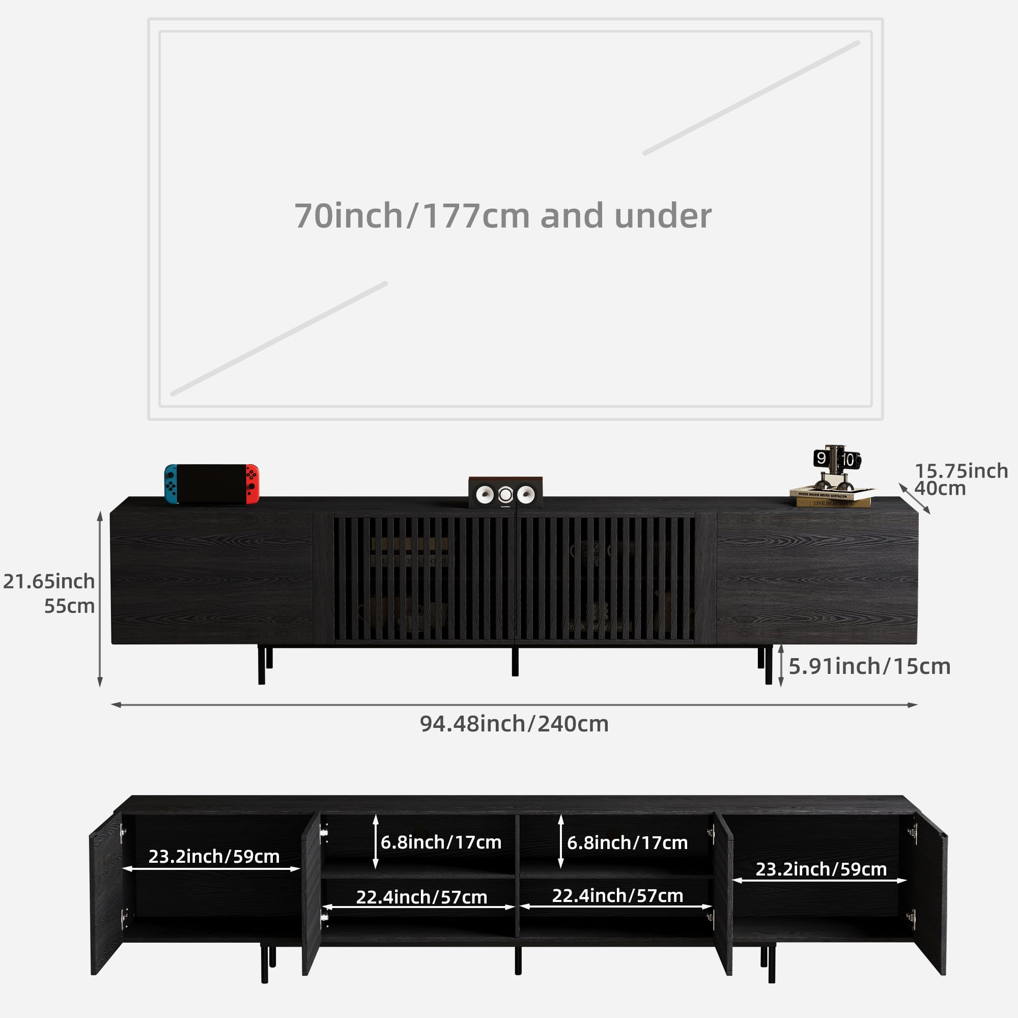 KAANAA TV Schrank 240 cm, Lowboard mit Lamellentüren, Schwarz | 240 cm TV Lowboard, Lamellentüren, großer Stauraum, Holzoptik, für Fernseher bis 75 Zoll, modernes Wohnzimmer Design