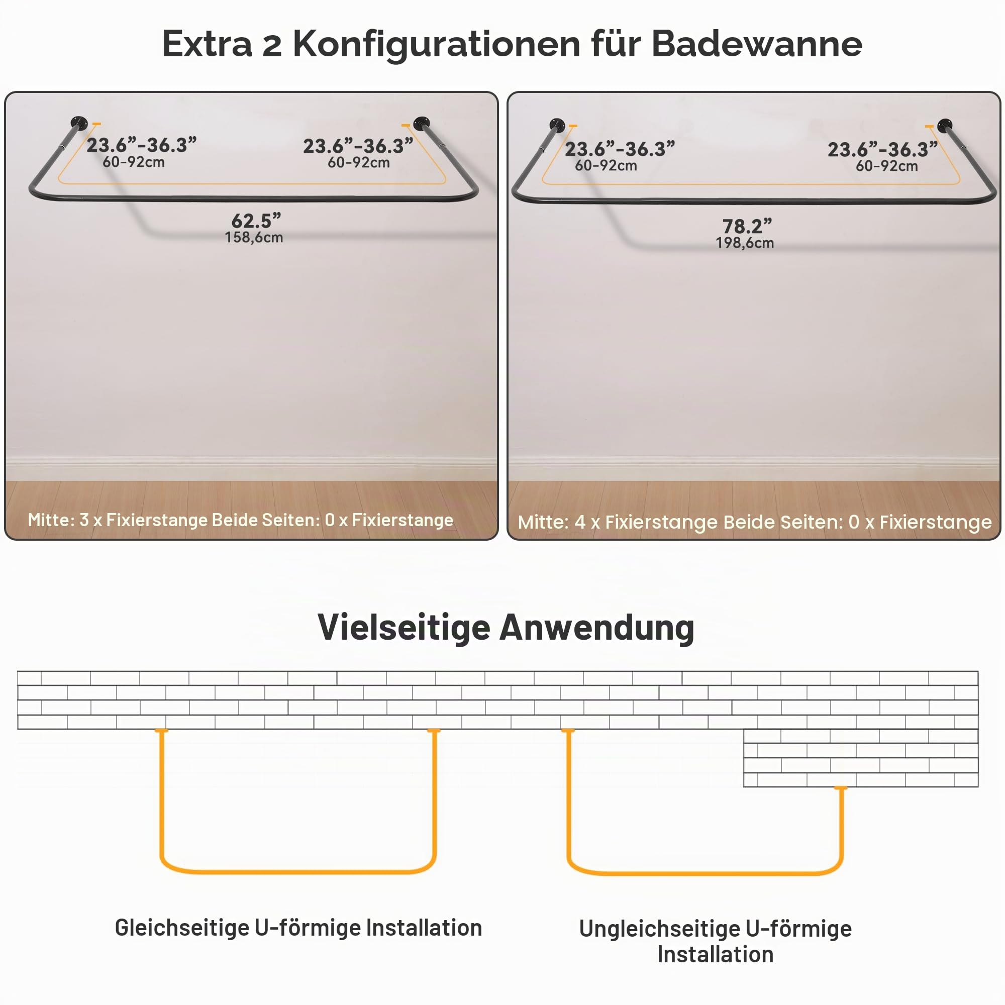 Duschvorhangstange U Form [Seiten: 60-132 cm, Mitte: 79-119 cm] Verstellbare Eckduschstange Duschstange für Badewanne, Dusche & Außenbereich mit 12 Haken & Deckenstütze