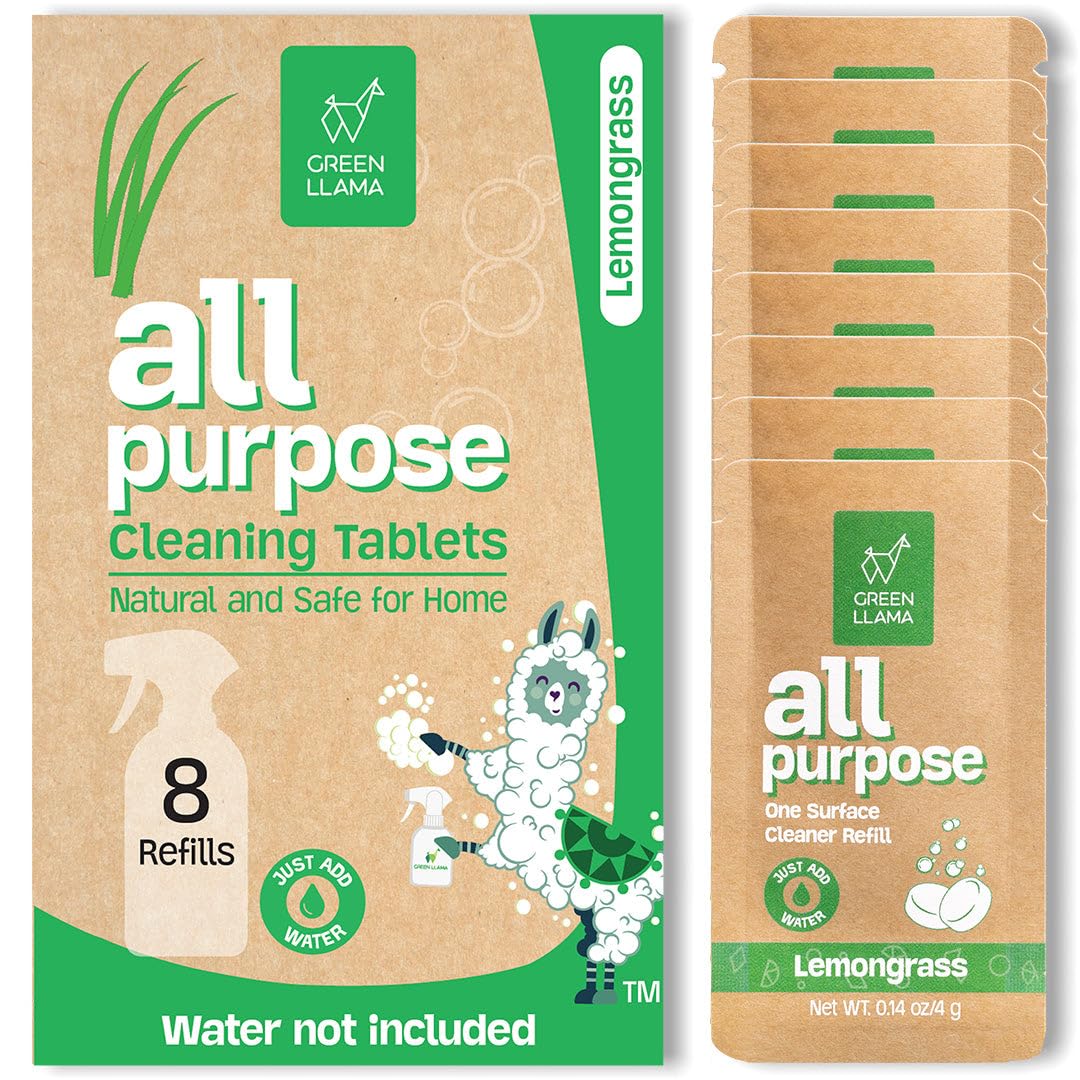 Green Llama Eco-Friendly and Sustainable All-Purpose Refill Tablets | 8-Pack | Lemon Grass Scent | Natural Cleaning Solution for Home with Certified