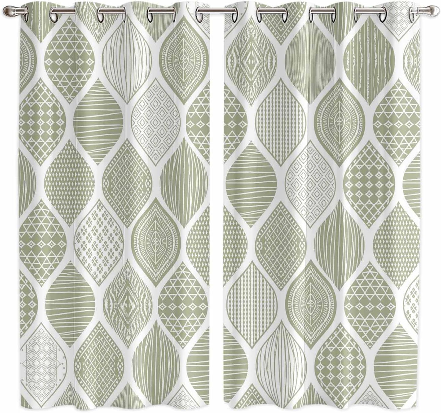 Grommet Top Window Curtains, Geometric Green Texture Durable Light Blocking Windows Drapes for Kitchen/Bedroom/Living Room, Window Treatments Curtain Set of 2 Panels 52x84 in