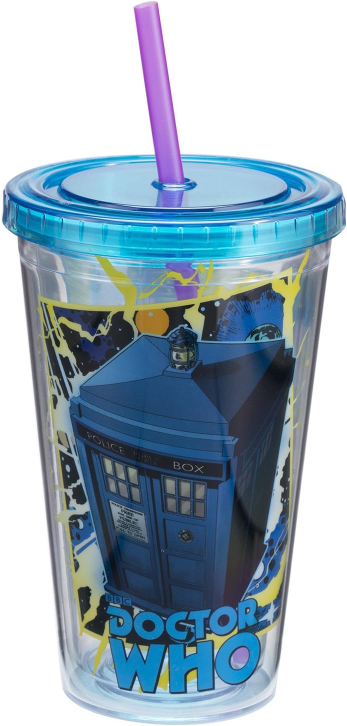 Vandor Doctor Who 18 oz Acrylic Travel Cup with Lid and Straw, Multicolor