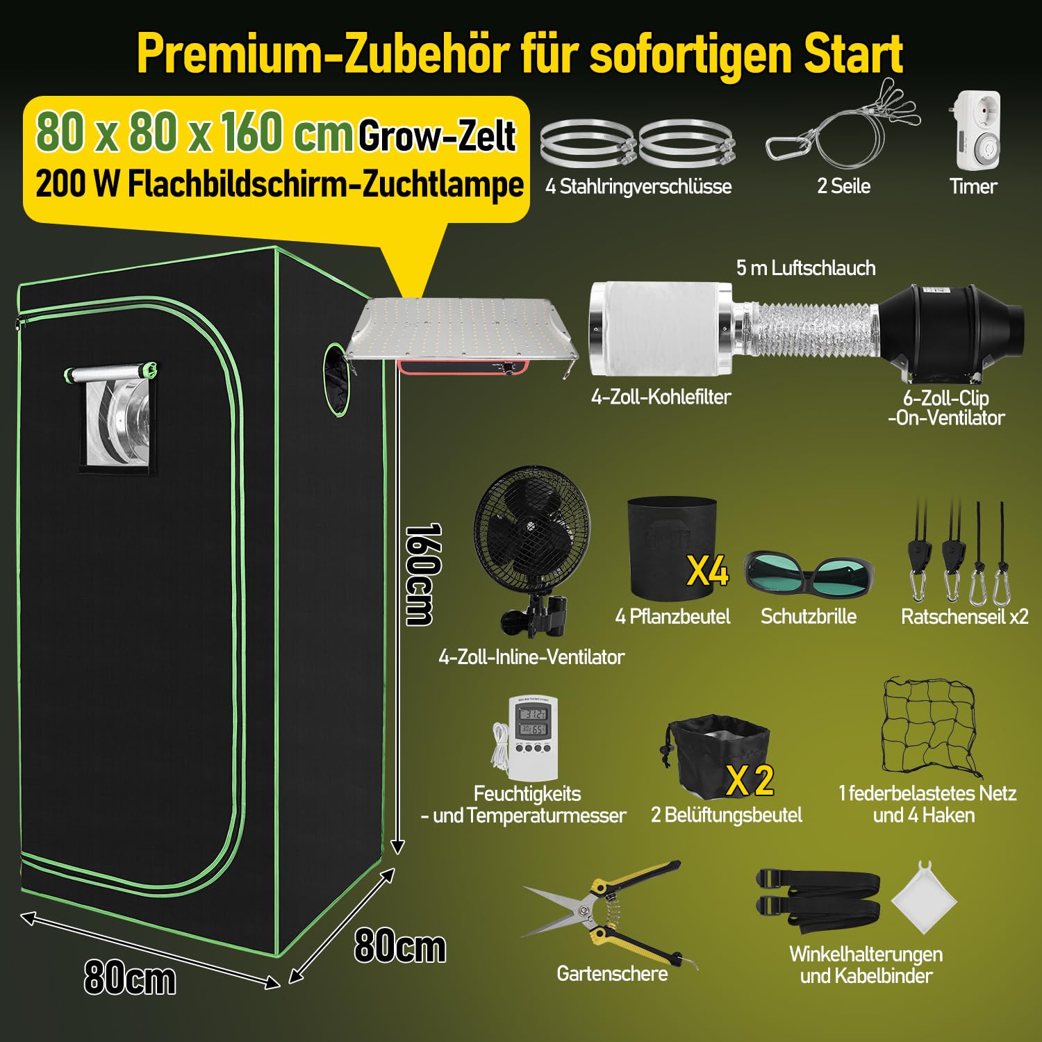Kit Completo de Cultivo en Invernadero 80x80x160cm con Lámpara LED Plana de Cultivo de 200W, Conjunto de Ventilación y Filtro de Carbón Activo, Hidroponía de Espectro Completo