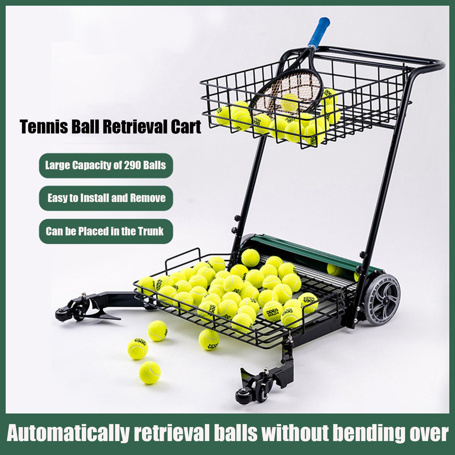 Carrello per raccogliere palline da tennis e retriever automatico, può contenere fino a 290 palline, raccoglie 90 alla volta per vari campi da tennis