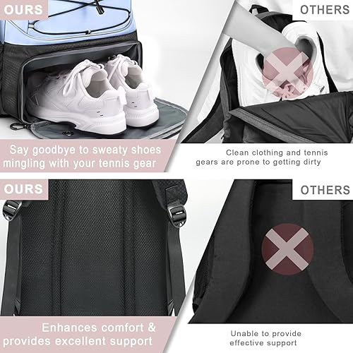 Miniatura 6 de Bolsa de tenis con capacidad para 2 raquetas, bolsas de tenis profesionales para mujeres, mochila de tenis con compartimento ventilado para zapatos