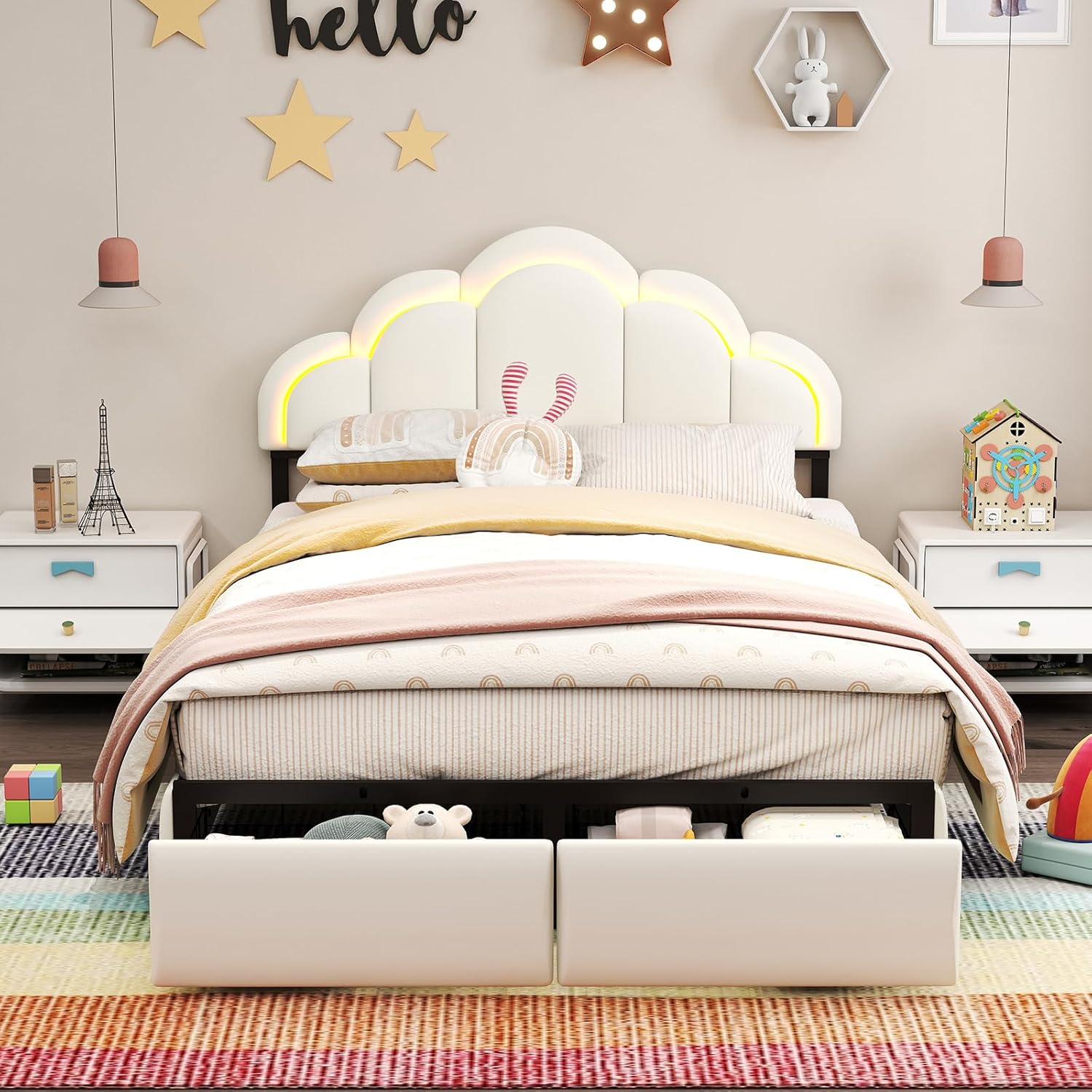 SADENICEL Full Upholstered LED Bed Frame with 2 Storage Drawers, Chic Double Wavy Headboard, Velvet Princess Platform Bed, Solid Wood Slats Support,No Box Spring Needed, Beige