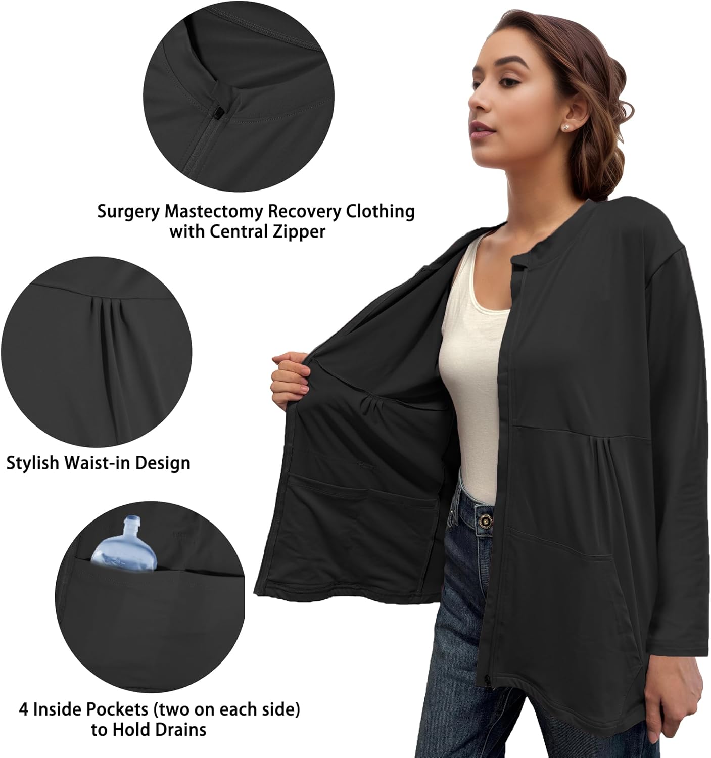 Youdiao Mastectomy Shirts with Drain Pockets Long Sleeve Breast Recovery Must Haves Soft Zip Up Clothing - Image 3