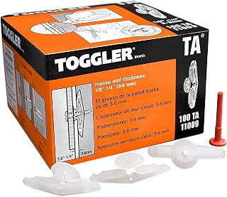 TOGGLER Toggle TA Hollow-Door Anchor, Polypropylene, Made in US,1/8" to 1/4" Grip Range, For #8 to #12 Fastener Sizes (Pack of 100)