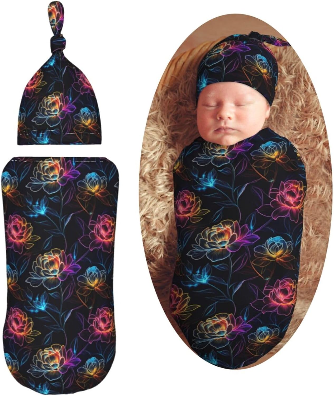 Neon Flowers Newborn Swaddle Blankets Hat Sets Soft Baby Receiving Blanket Swaddle Sack for Baby Shower Infant Boy Girl Gift