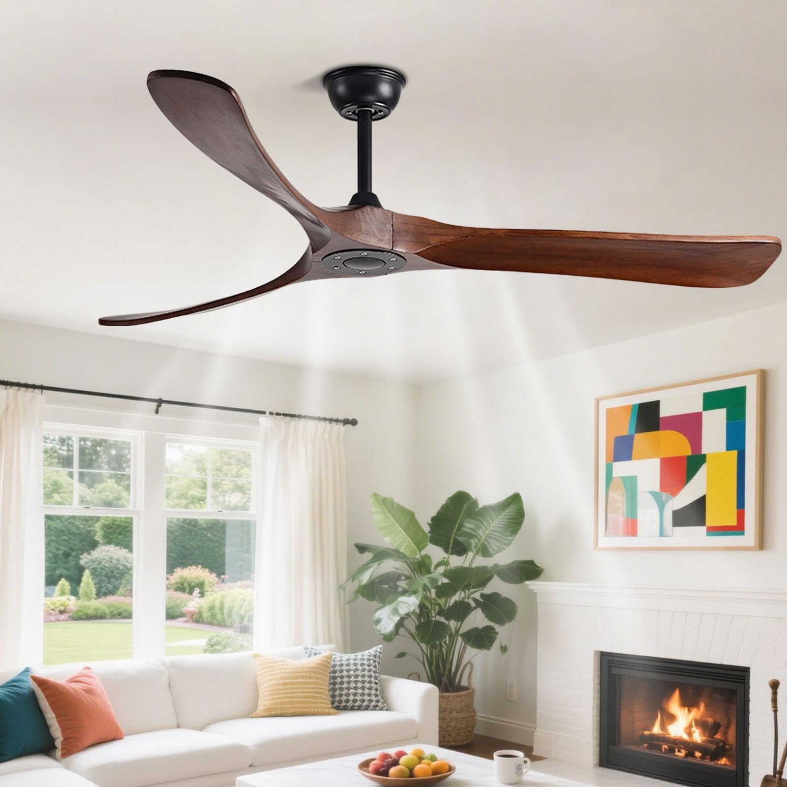 IBalody Solid Wood Ceiling Fan No Light Remote Control 6 Speed Quiet Ceiling Fans 3 Blade, Modern Indoor Ceiling Fan Without Light For Bedroom Living Room Farmhouse Porch