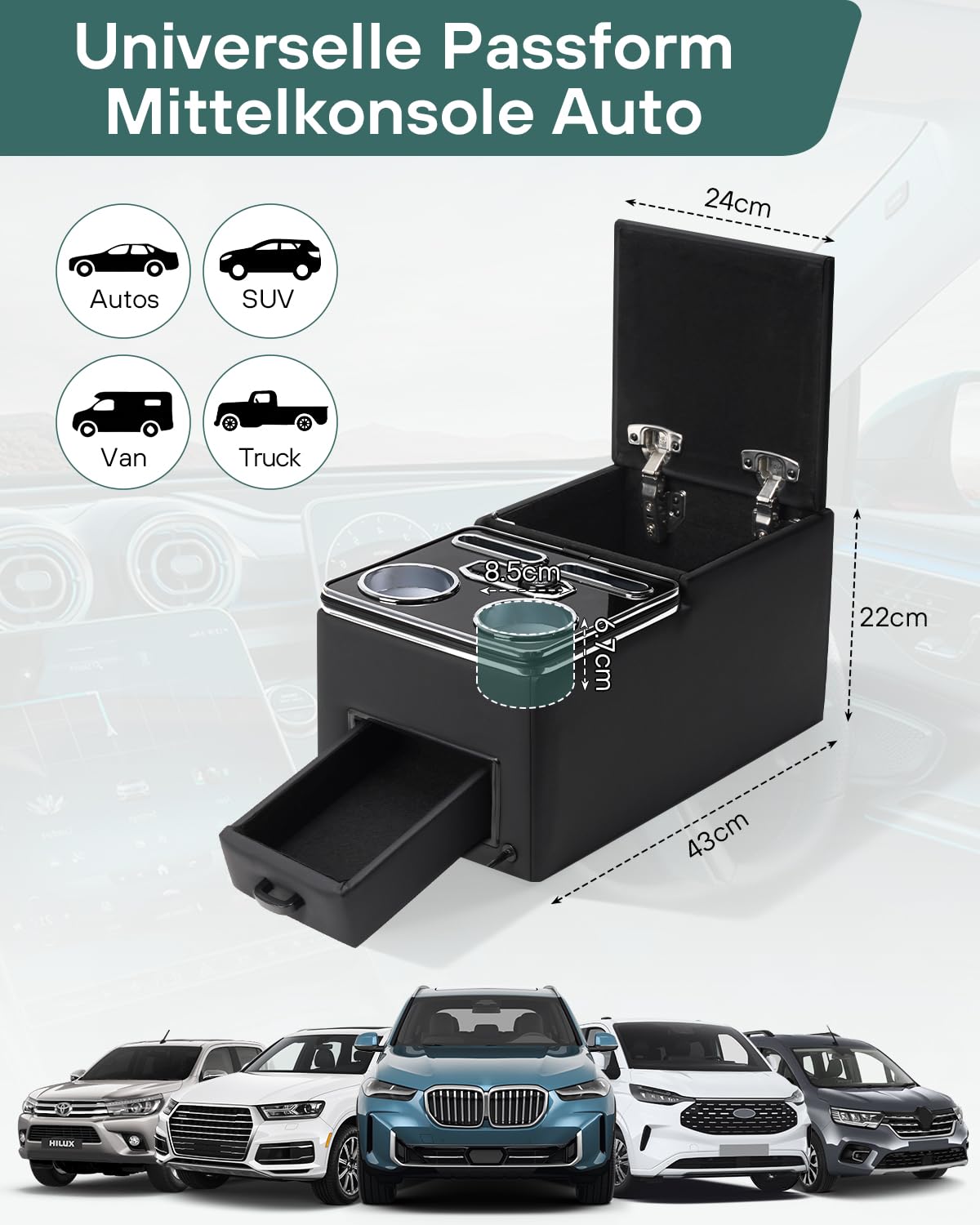 Mittelkonsole Auto mit Ablagen Staufach, Upgrade Mittelkonsole Organizer Auto mit 7 Farben LED-Leuchten und USB, Universal Mittelkonsole Auto Rückbank & Beifahrersitz für Bus,LKW,Van,SUV,Auto