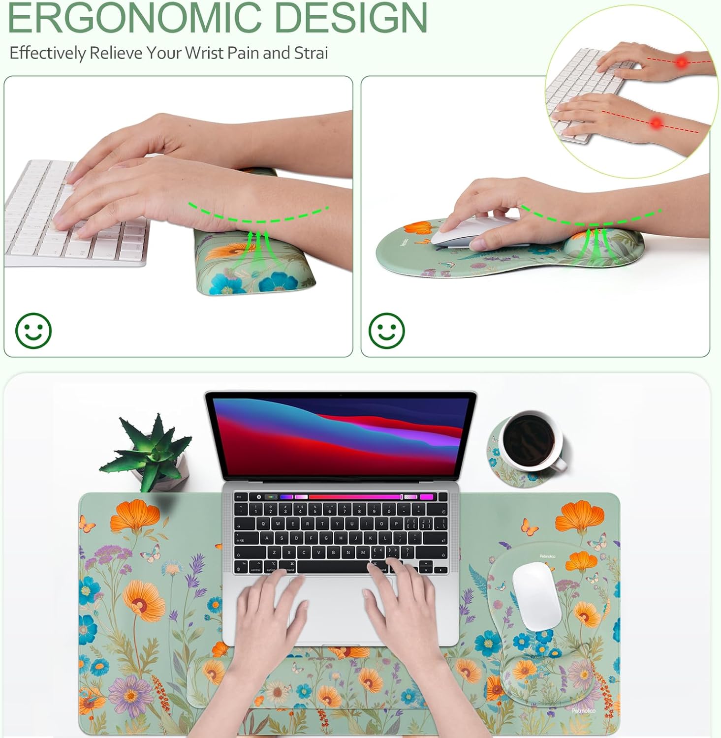 Petmolico Keyboard Wrist Rest Large 4-in-1 Gaming Mouse Pad Wrist Support for Computer Desk Mat Ergonomic Design[Green,Orange and Blue Flower]