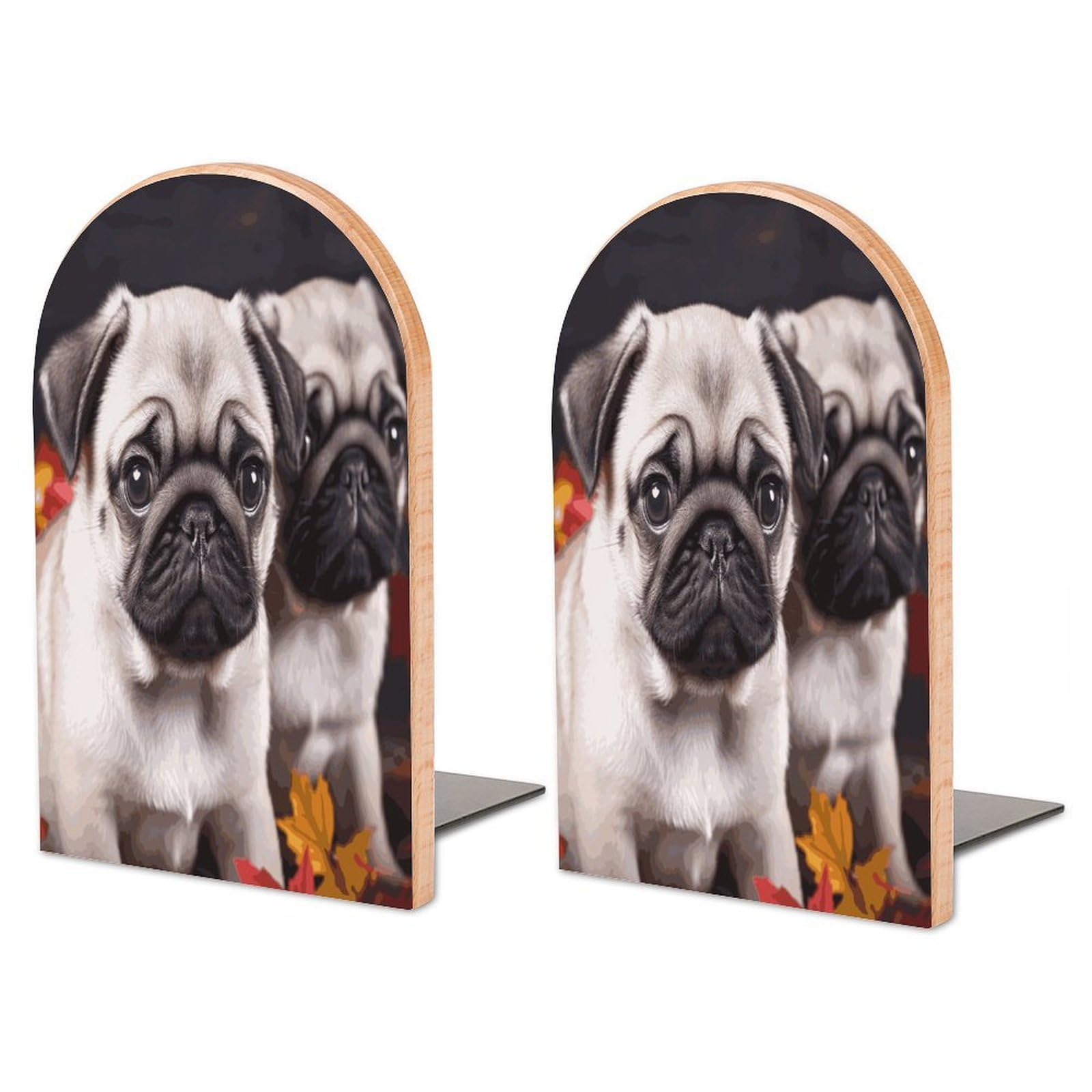 Large Puppys Pug Book End with Metal Base Fashion Heavy Duty Bookend Exquisite Wooden Bookends Non-Skid Book Stopper for Shelves Books Organizer for Office Home 1 Pair