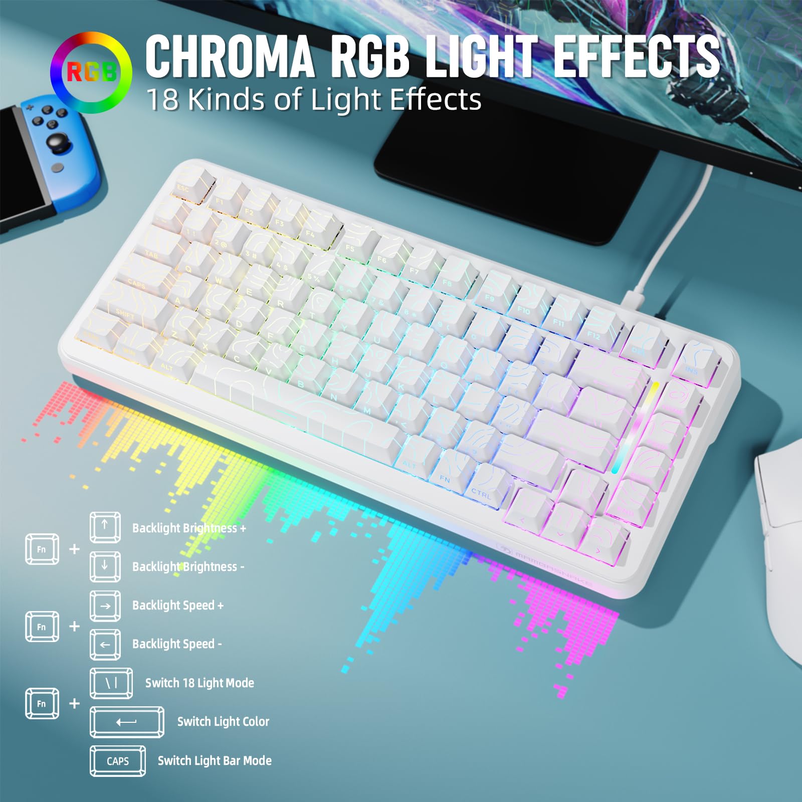 MAMBASNAKE M82HE QWERTY Tastiera magnetica cablata al 75% con frequenza di polling di attivazione rapida a 8000 Hz, attuazione regolabile e precisione di 0.01 mm, retroilluminata RGB(Contorno bianco)