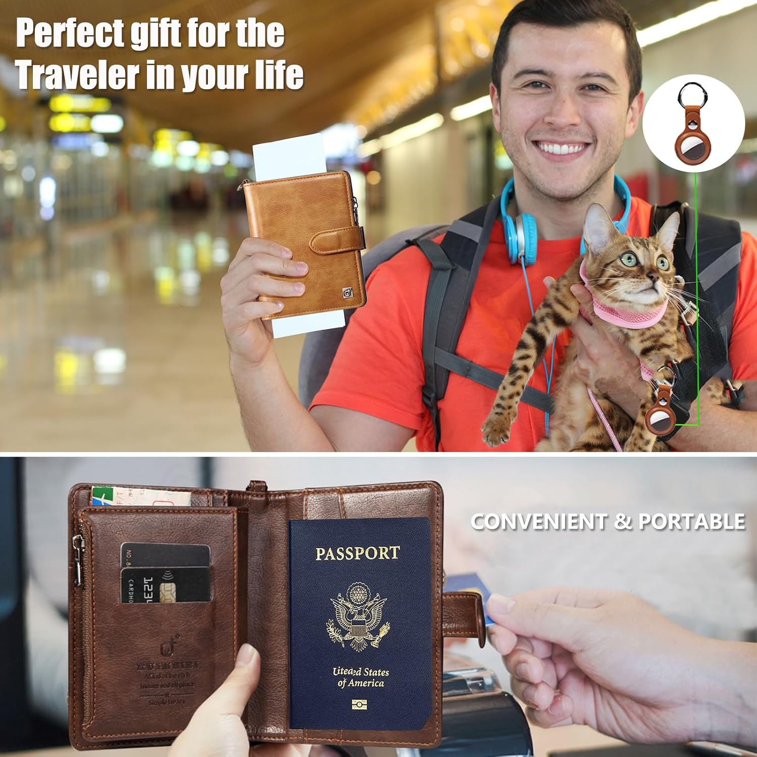 AirTag Passport Wallet with AirTag Holder and Wristband, RFID Vaccine Card Holder Combo with AirTag Luggage Keychain, Travel Leather Passports Cover Multiple Card Slots (AirTags NOT Included),Brown