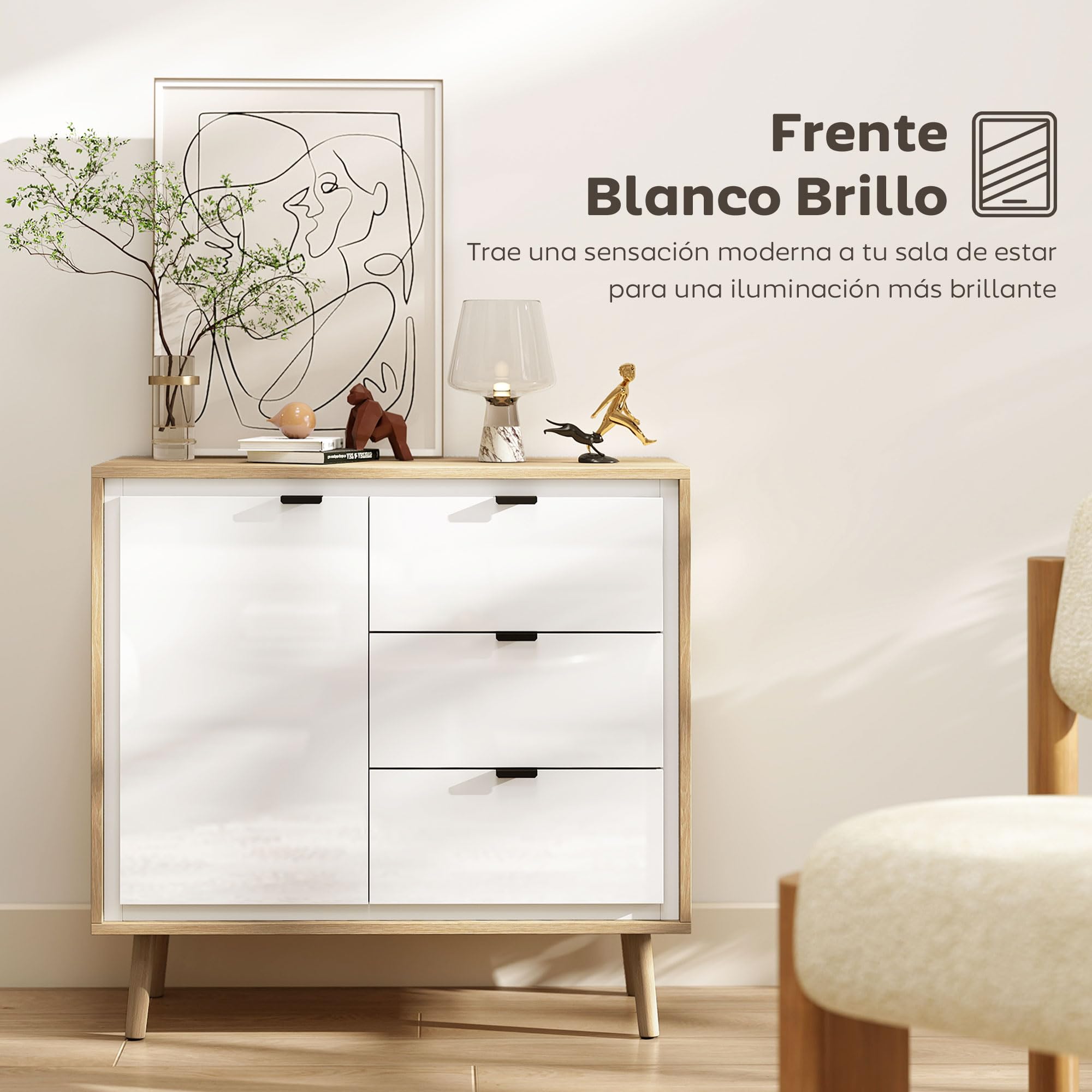 HOMCOM Aparador de 1 Puerta con 3 Cajones 80x35x77 cm Blanco Brillo y Roble | Aparador de Salón Moderno, Estante Ajustable, Patas de Madera, para Cocina, Entrada, Dormitorio
