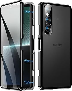 Case Compatible for Sony Xperia 1 V, Magnetic Adsorption Metal Bumper Frame with Transparent Tempered Glass Screen Front and Back, 360 Degrees Protection Case, Camera Lens Protectors Cover,Black