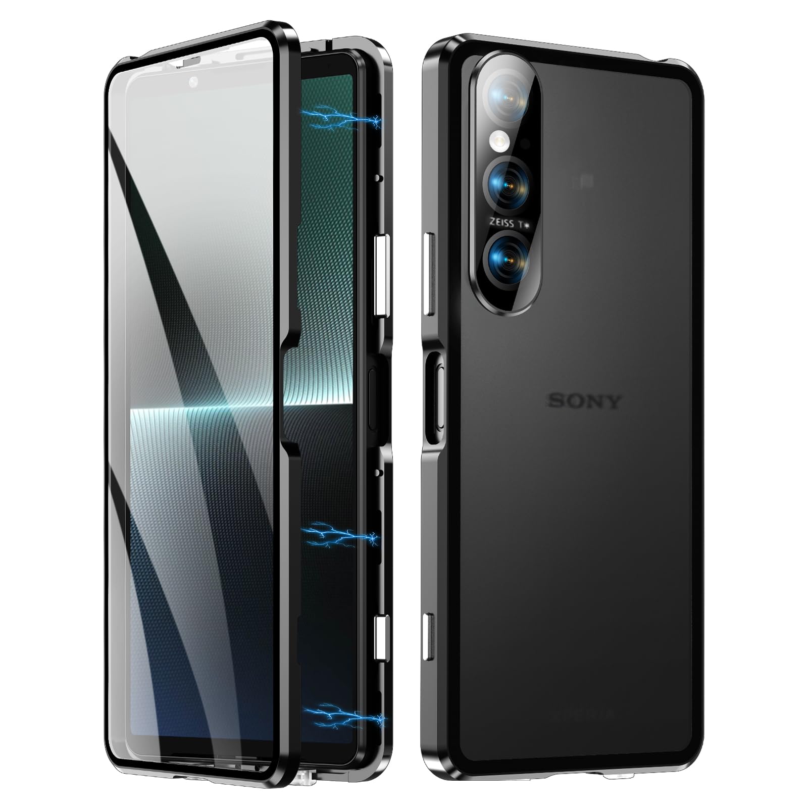 Case Compatible for Sony Xperia 1 V, Magnetic Adsorption Metal Bumper Frame with Transparent Tempered Glass Screen Front and Back, 360 Degrees Protection Case, Camera Lens Protectors Cover,Black