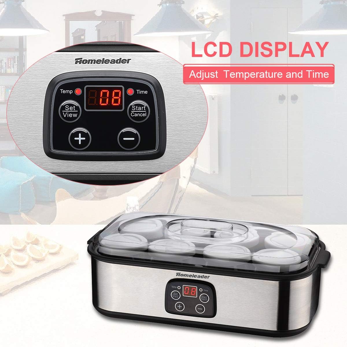 Close-up of the Homeleader K32-031 Yogurt Maker's LCD display and control buttons.