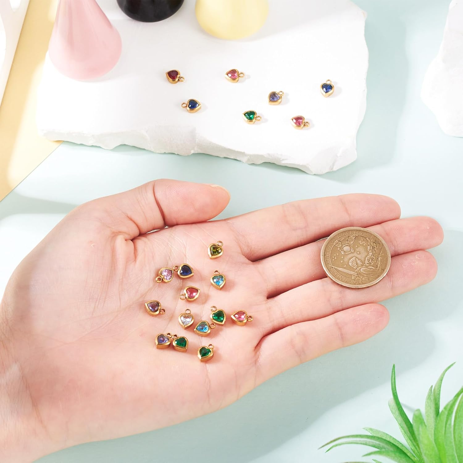 KISSITTY 20pcs Tiny Heart Rhinestone Charms Bling Faceted Birthstone Pendants 18K Gold Plated Dangles Mixed Color for Jewelry Making DIY Necklace Bracelet Earring Women Valentine Crafts Supplies - Image 6