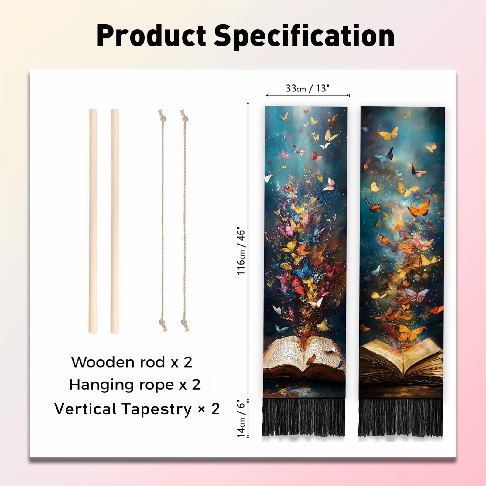 PLIGREAT Confezione da 2 arazzi colorati da parete a forma di libro con farfalle, creativo, lungo, verticale, da appendere alla parete, con nappe, per camera da letto, soggiorno, amanti dei libri